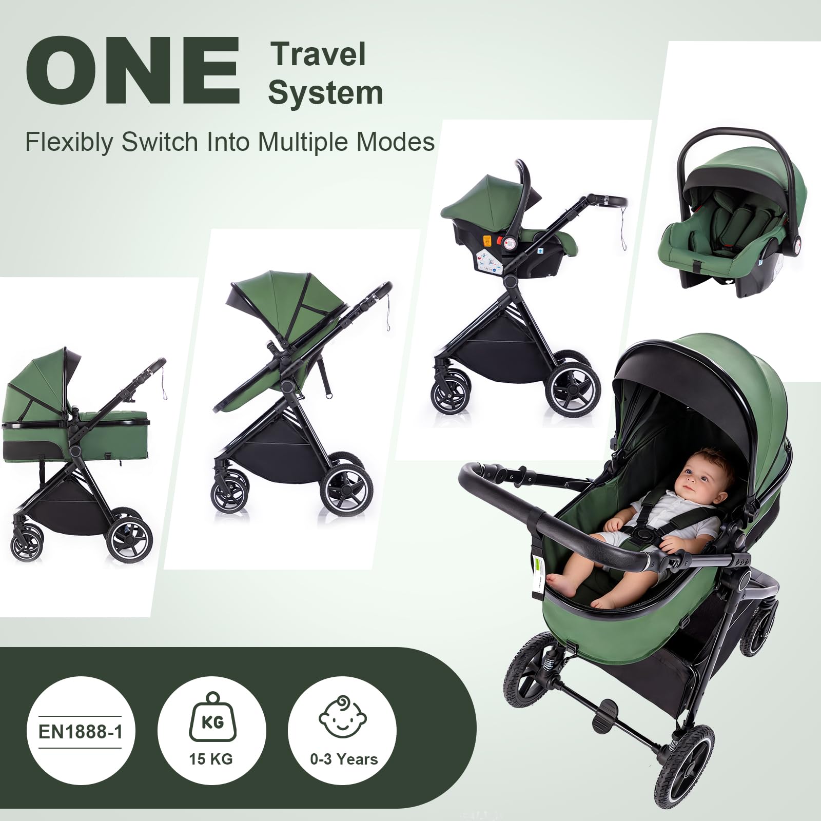Cochecito 3 en 1 con Silla de Coche, Carrito bebé Plegable, Manillar 7 Alturas, Suspensión 4 Ruedas, Funda de Lluvia y Mosquitera, Sistema de Viaje para Recién Nacidos 0-3 Años (15kg)
