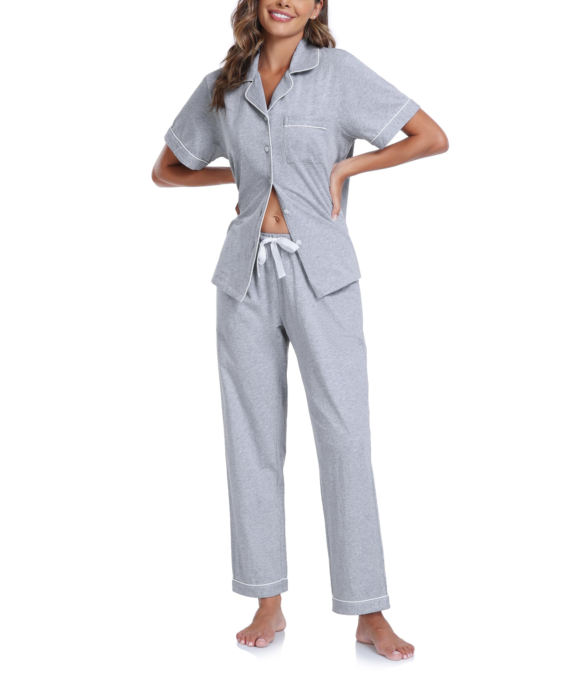 CF Womens 100% Cotton Pajamas Set Button Down Pjs Sets Short Sleeve Top & Long Pants Sleepwear Comfy Loungewear with Pockets