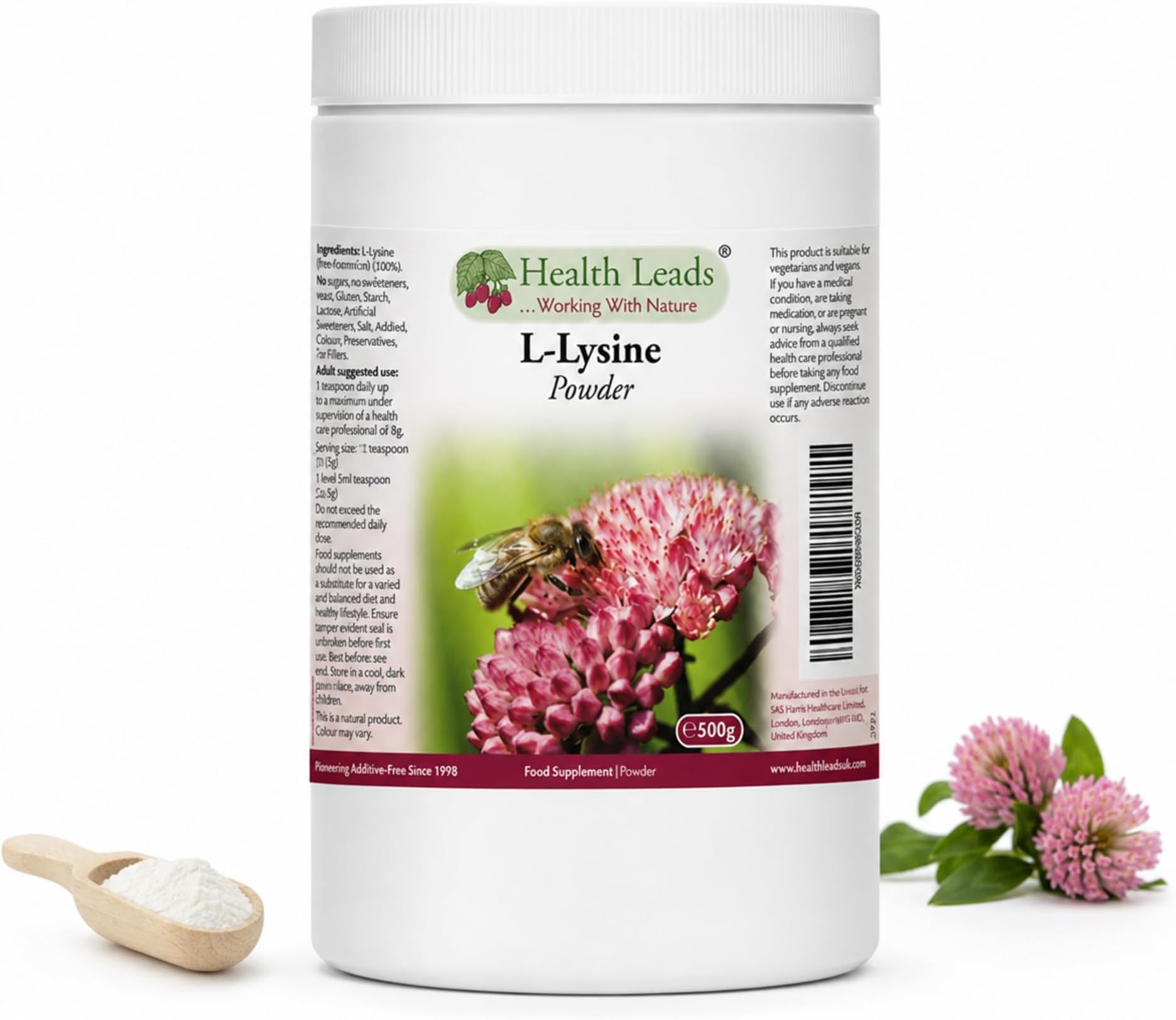 L-Lysine Powder 500g | 1,180mg Daily | Pharmaceutical Grade | Health Leads | Essential amino acid, ½ teaspoon provides 1,180mg. Pure powder, no fillers. Supports collagen formation.