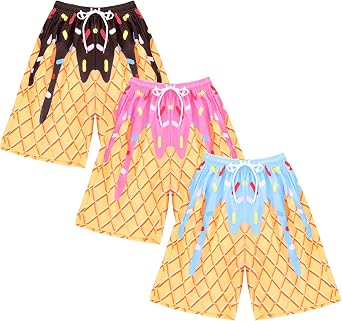 3 Pcs Ice Cream Drip Waffle Drip Quick Dry Baseball Shorts Swim Trunks Athletic Gym Shorts with Drawstring Waist for Summer Sports Baseball Basketball Football Golf Outdoor Homewear, 10-12Y