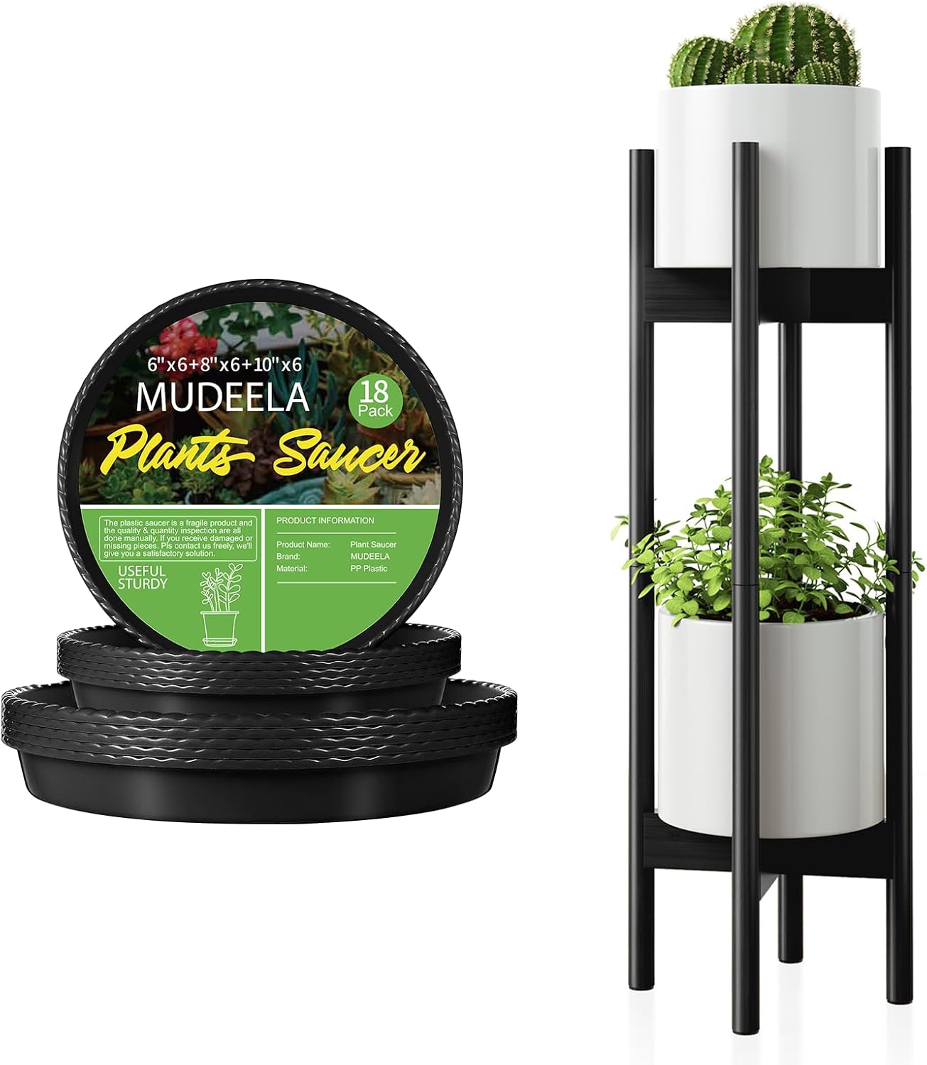 MUDEELA 6" 8" 10" Black Plant Saucers 18 Pack and Plant Stand Black 2 Pack or 2 Tier