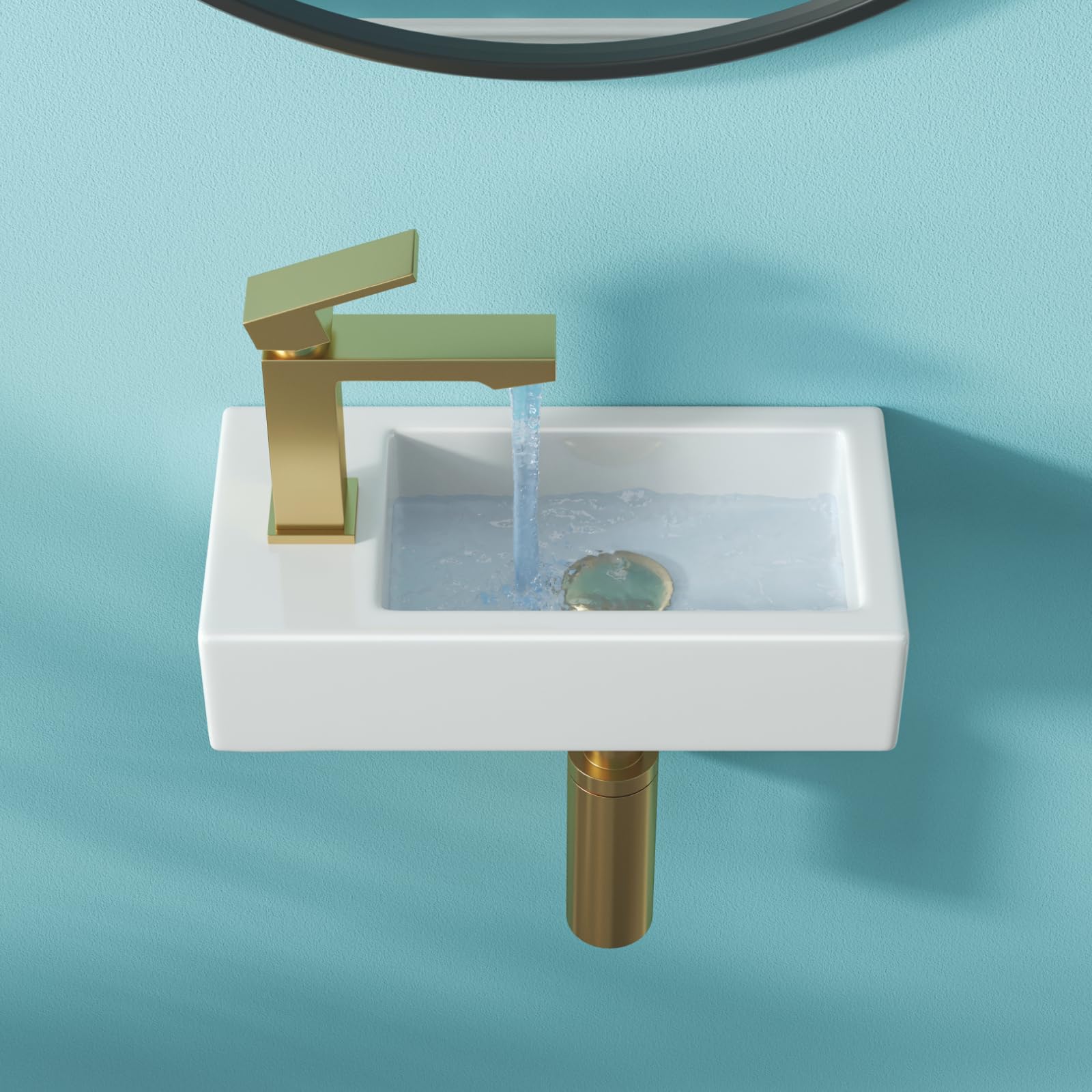 Lavabo piccolo, lavabo per ospiti, bagno, mini lavabo in ceramica, foro per rubinetto sinistro, bianco, 37 x 18,5 x 9 cm