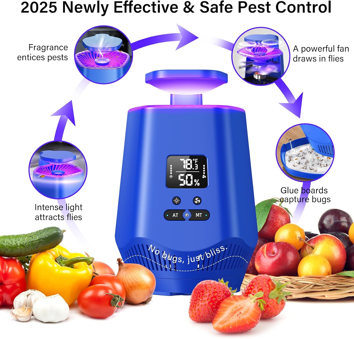 Fruit Fly Traps for Indoors, Fooxem Smart Fly Trap Indoor Bug Zapper Gnat Traps for House Indoor with Temperature and Humidity Sensor, 10PCS Sticky Boards Blue