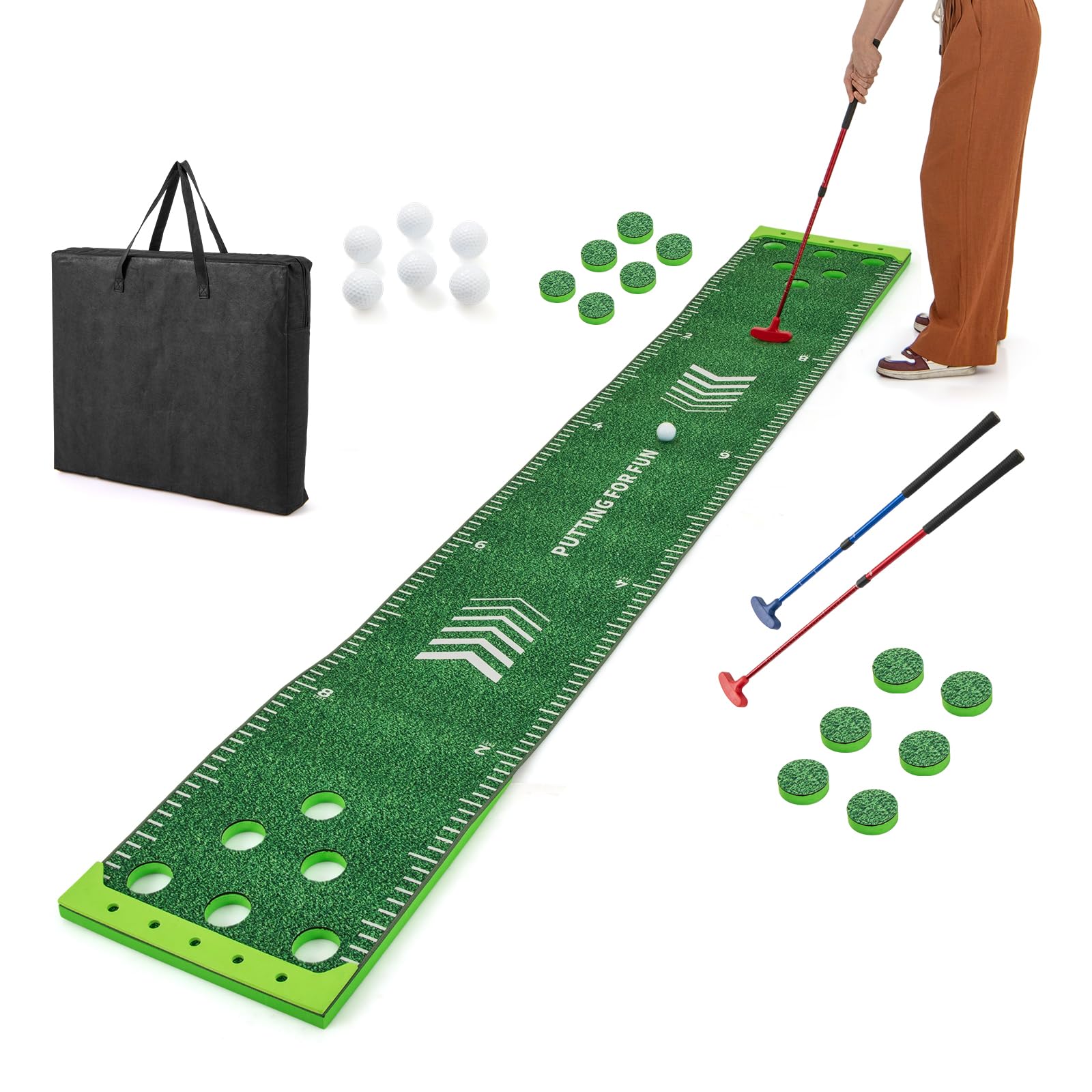 LIFEZEAL Faltbare Golfmatte, Schlagmatte mit 12 Löchern, Hitting Mat mit 2 Teleskop-Golfschlägern, 6 Bällen, Tasche, Golf Puttingmatte für Profis und Fans