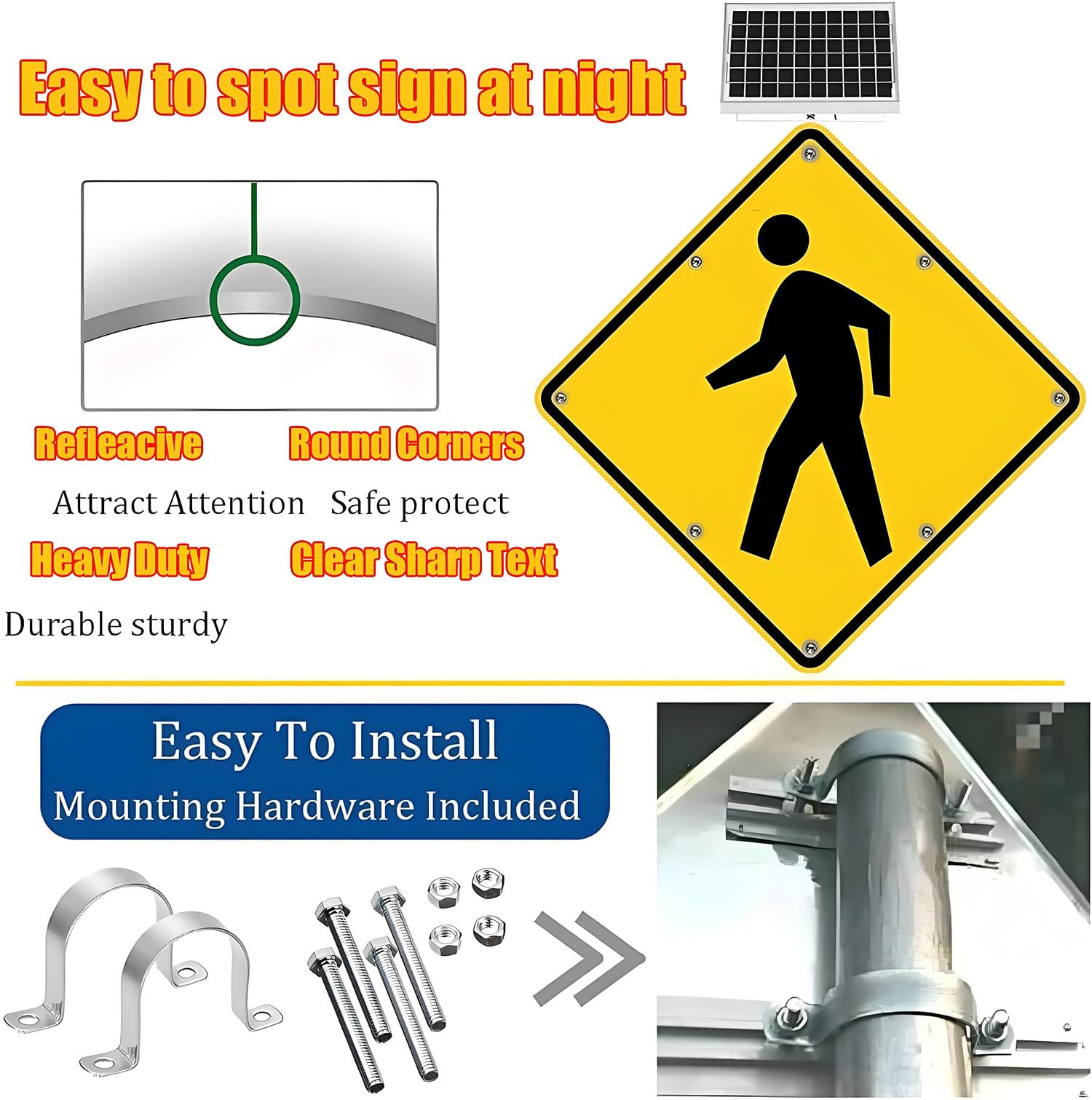 Señal solar de cruce peatonal, señal LED de advertencia de tráfico, señal de seguridad de calle intermitente de aluminio de 24 pulgadas, señal de alerta de carretera peatonal para una mayor
