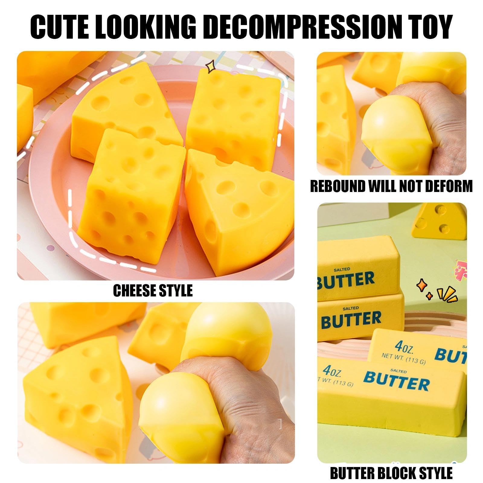4 Pezzi Cheese Squishy Toy, Butterstick, Giocattoli Morbidi da Schiacciare, Squishys Al Formaggio Giallo, Antistress Giocattolo per Bambini e Adulti, Regalo di Natale