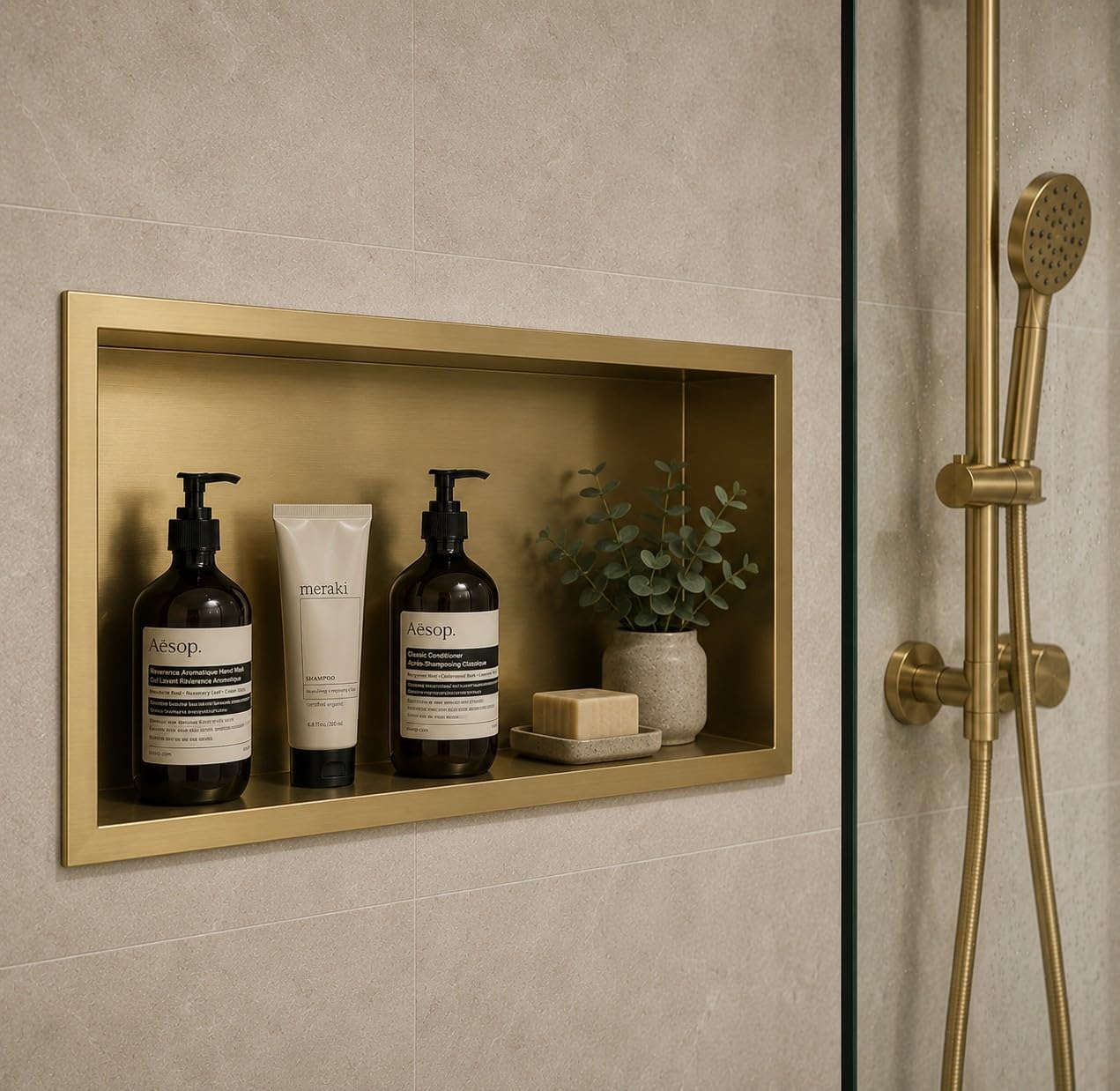 Corso Bathrooms Brushed Brass - 304 Stainless Steel Recess Shower Niche - 600 x 300mm - Waterproof Modern Space Saving Shower Storage