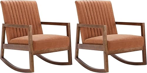 Miniatura 27 de VESCASA Mecedora tapizada con respaldo copetudo de canal, moderna y cómoda de mediados de siglo con cera de aceite de piel sintética con marco de