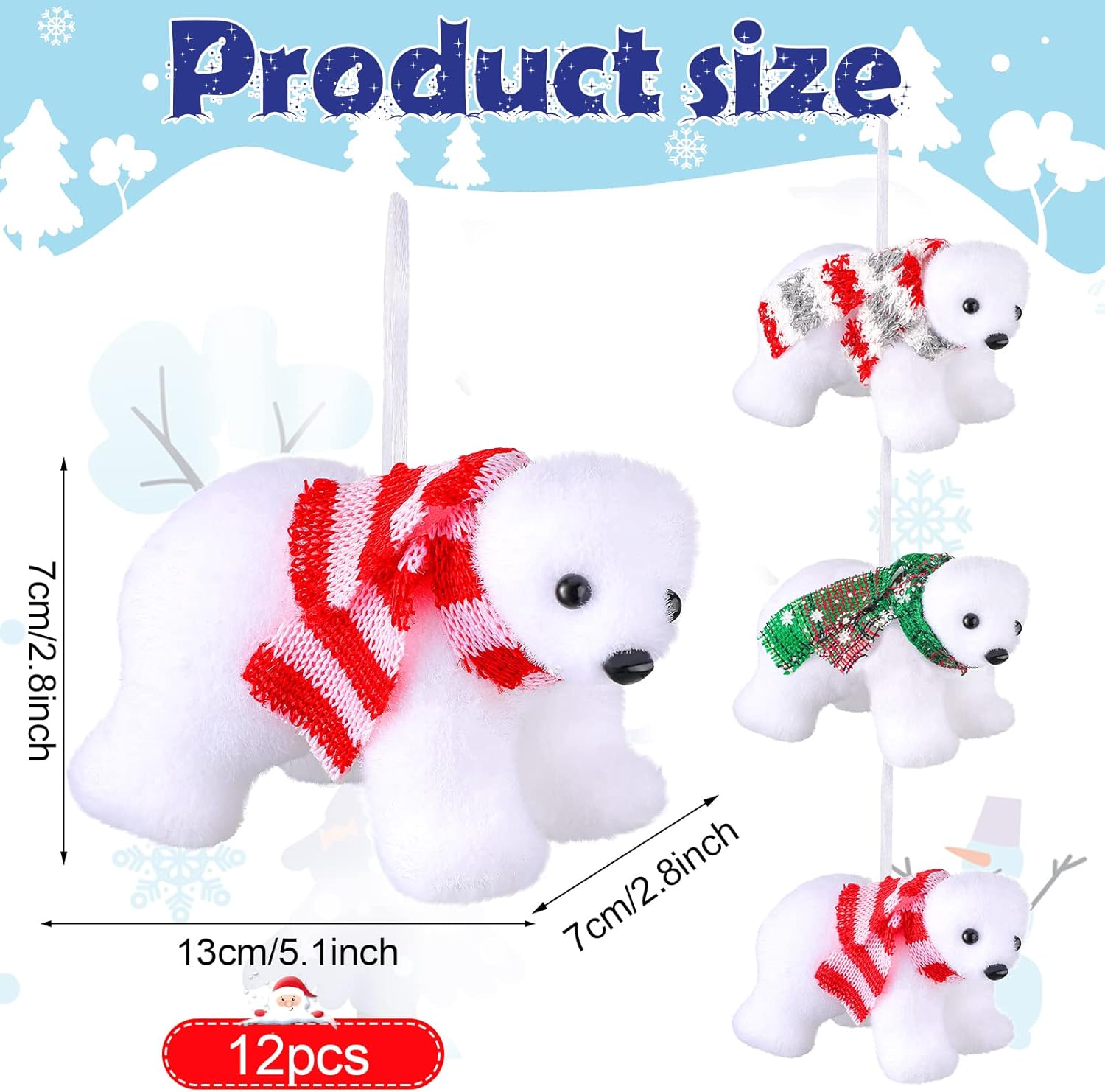 Yinder 12 Pcs Christmas Polar Bear Ornament White Christmas Flocked Polar Bear with Scarf Wearing Scarves Animals Figurines Hanging Ornaments for Xmas Tree Decor - Image 3