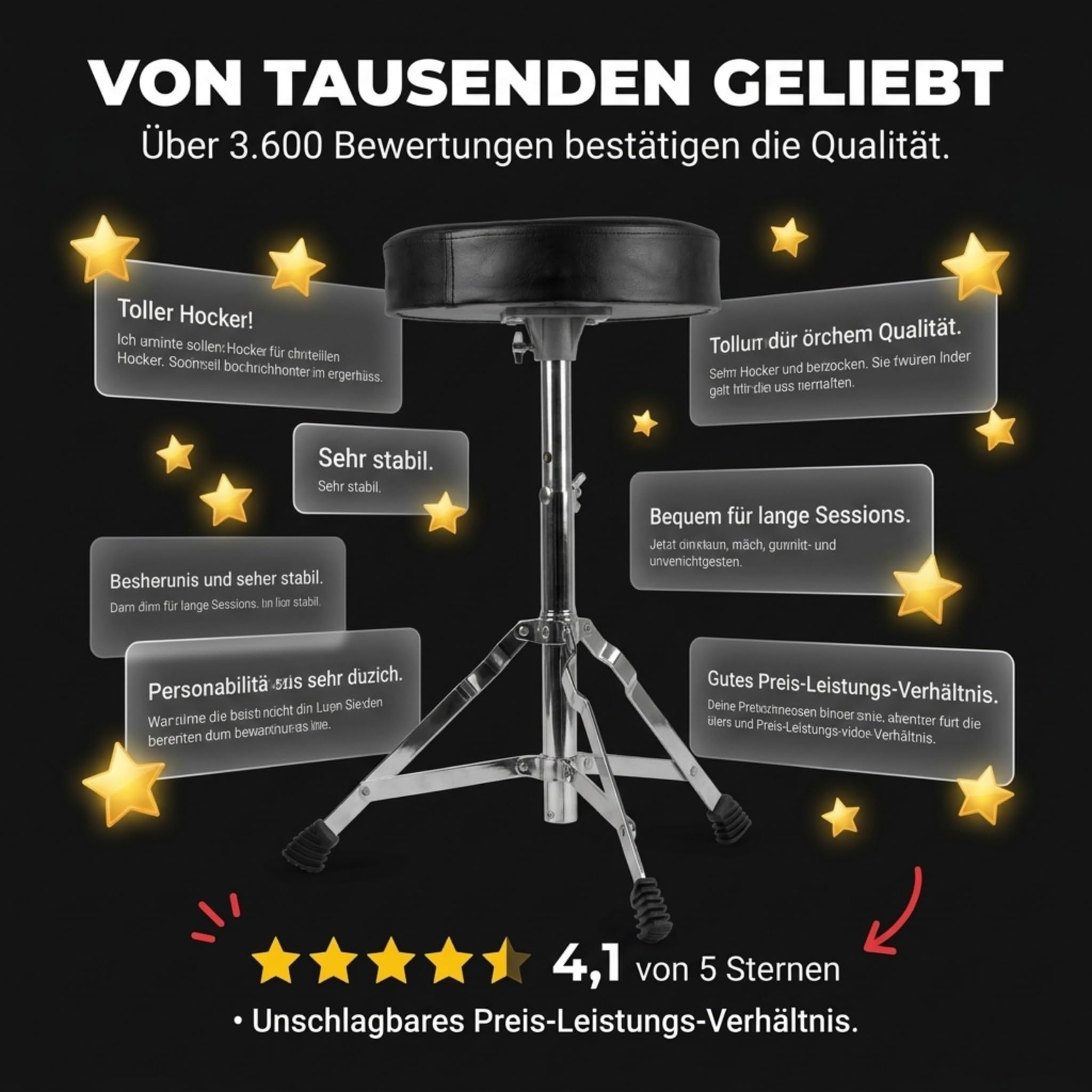 Technote RockJam Verstellbarer Schlagzeughocker, gepolsterter Drehsitz für akustische und elektronische Drumsets, 45-55 cm Höhe, klappbar, Schwarz