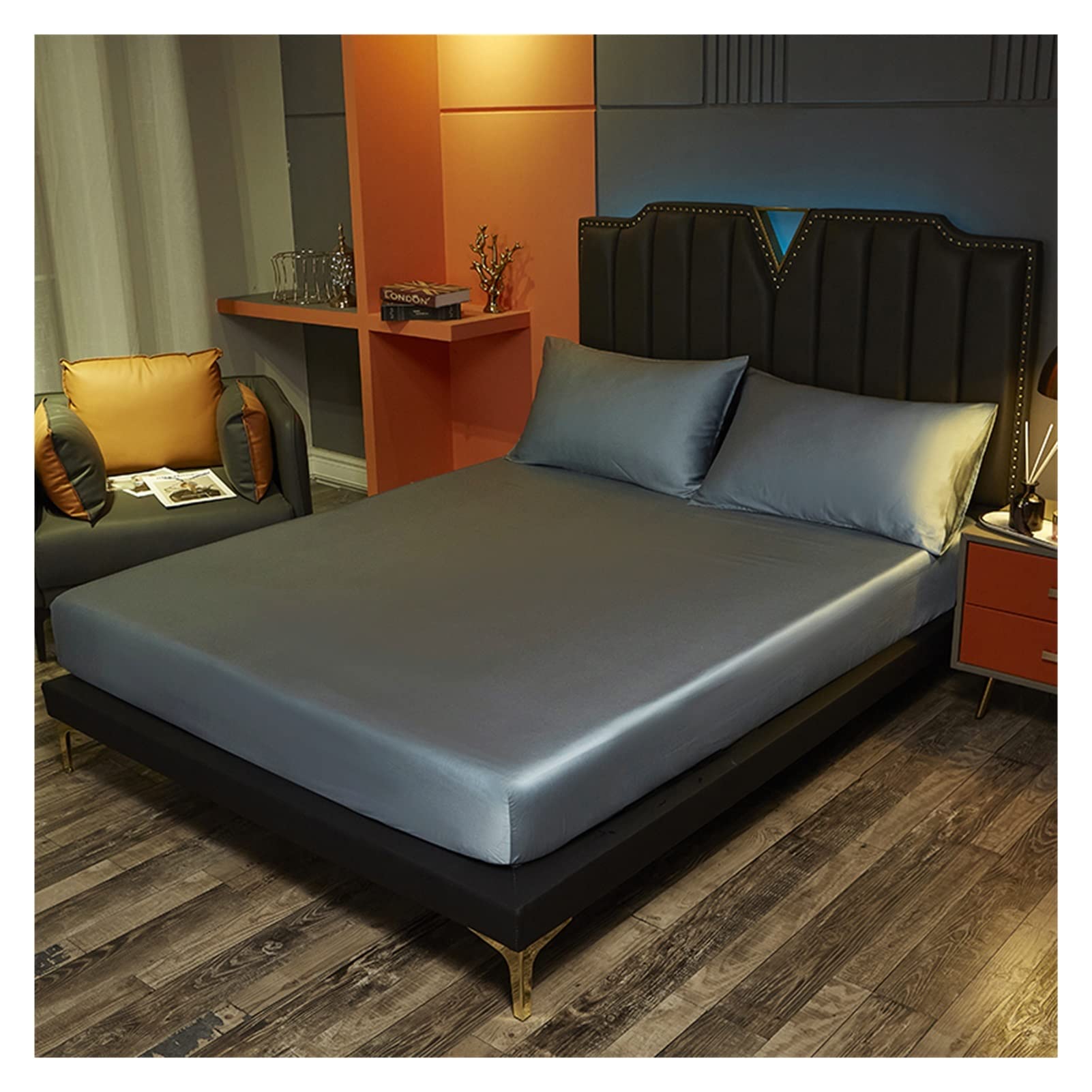 Drap-housse en soie glacée 180x220x25cm, l'excellence du linge de lit d'été bleu