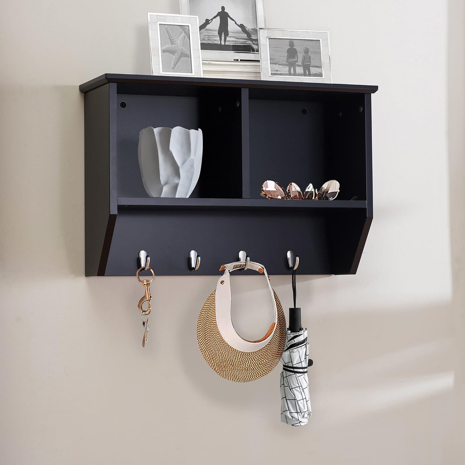 SJ Collection Wood Hanging Storage Shelf Floating Shelves for Wall Mount, Hanging Storage Shelf with Hooks for Bedroom, Living Room, Black