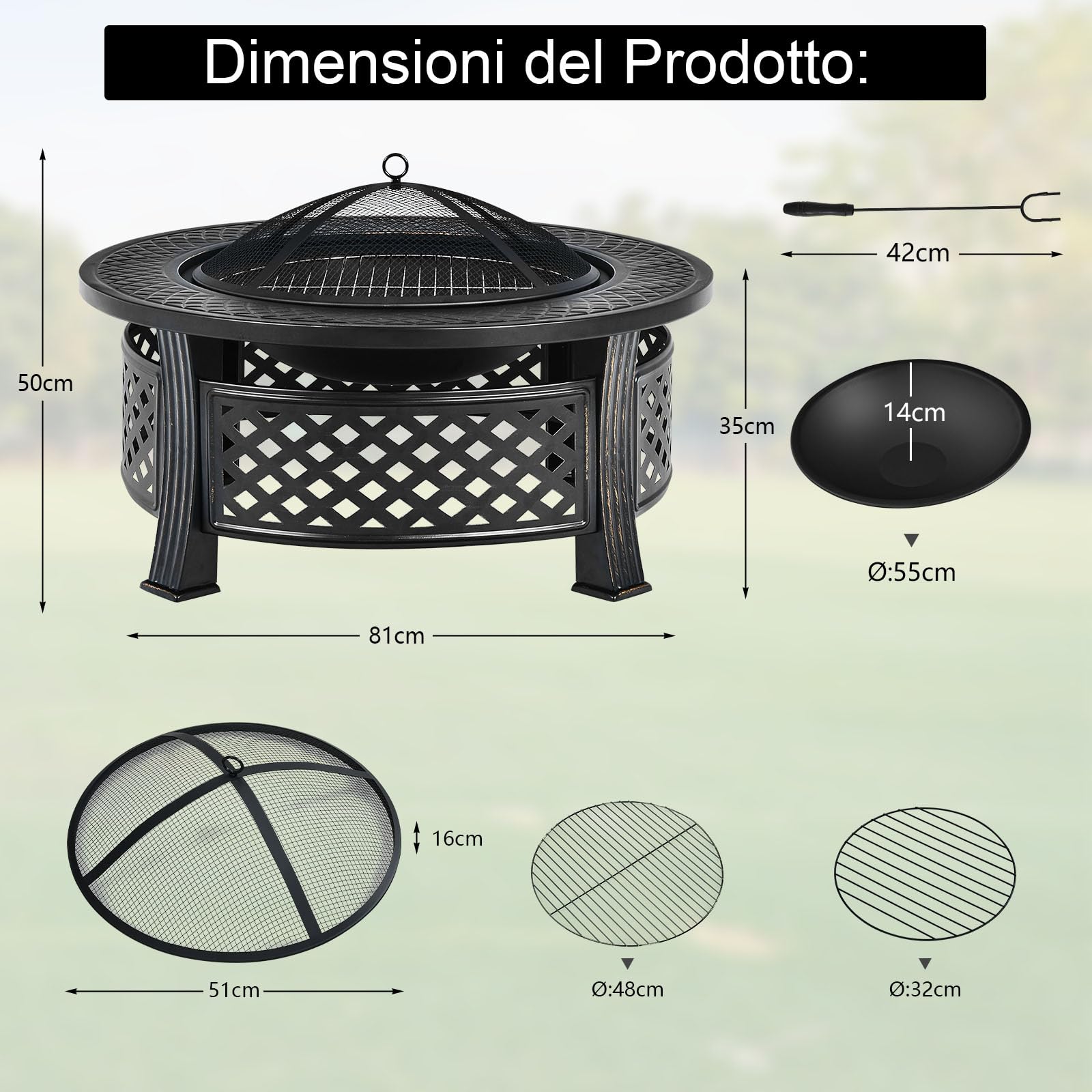 GYMAX 81CM Set Braciere, Braciere Tondo 3-in-1 con Finitura ad Alta Resistenza, Griglia per Legna da Ardere per Barbecue,con Copertura Antipioggia e Attizzatoio, per Giardino, Campeggio, Picnic