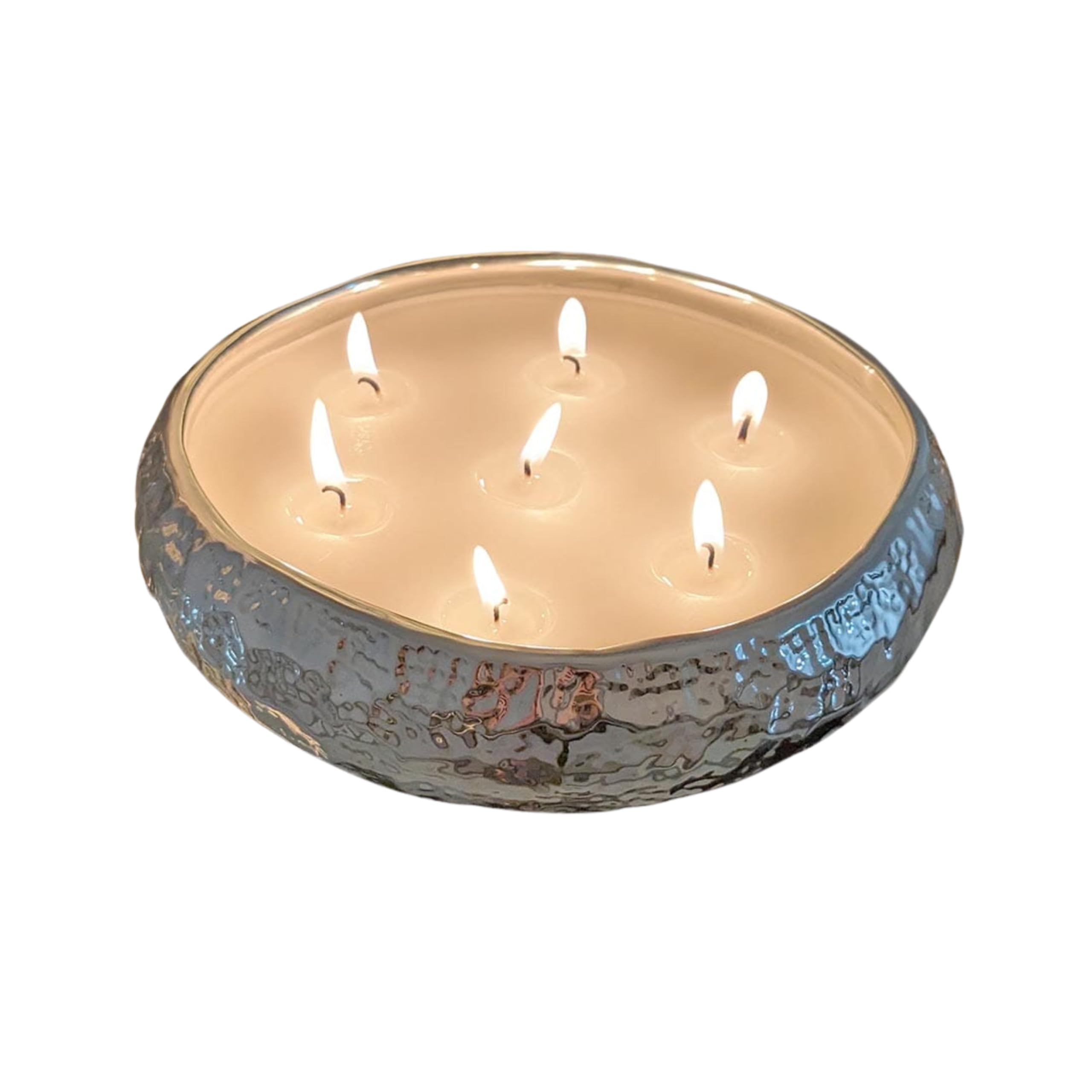 Rowen Homes Silver Aeolian 7 Wick Vanilla Scented Candle In Hammered Champagne Bowl (20Cm) - Luxurious Soy Wax Table Centrepiece, Perfect Home Decoration Gift, Elegant Interiors By (Silver)