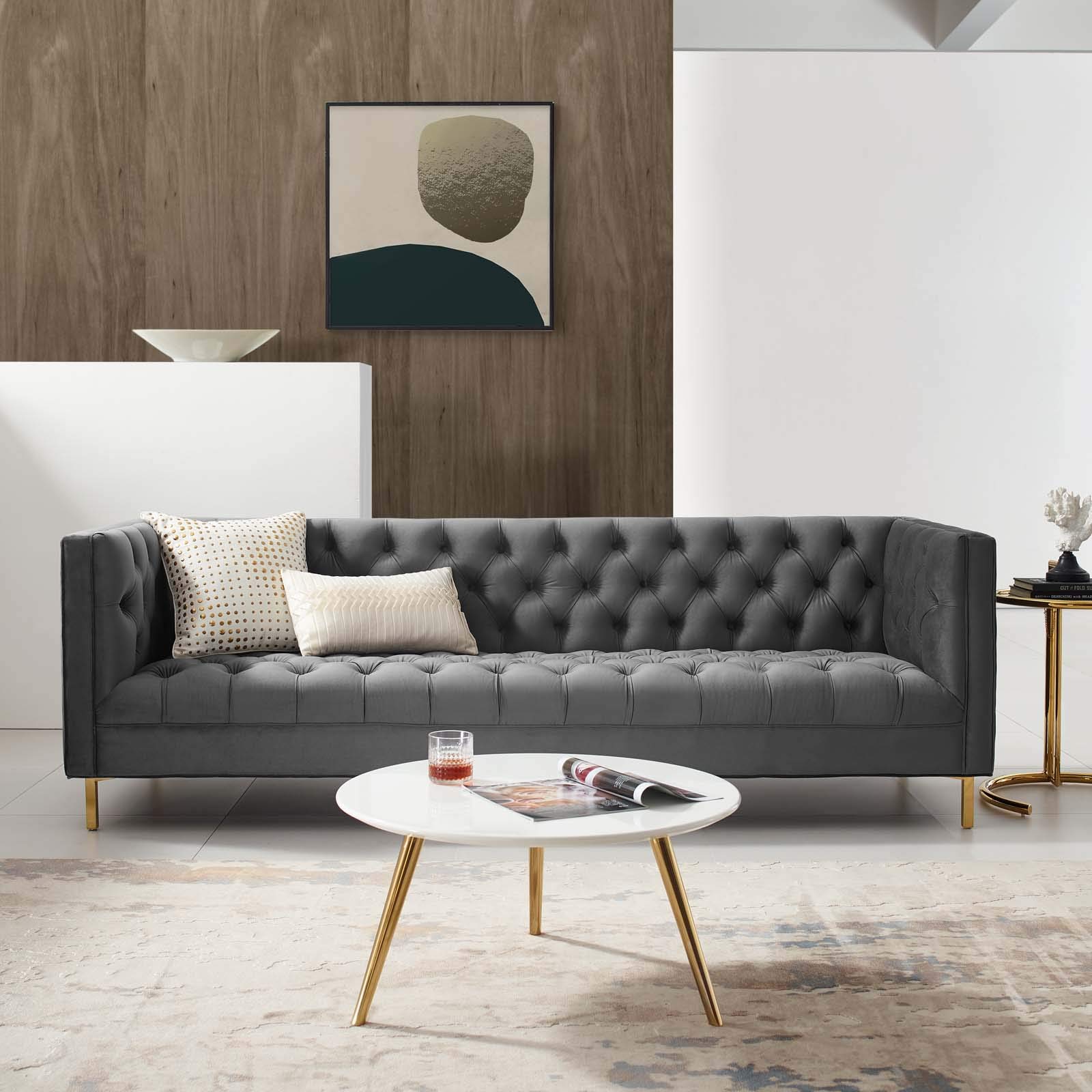 Modway Delight Tufted Button Performance Velvet Tuxedo Sofa with Gold Stainless Steel Legs in Gray