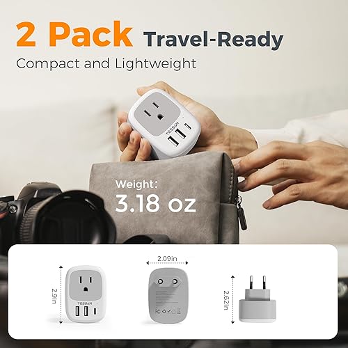 Miniatura 6 de TESSAN - Paquete de 2 adaptadores de enchufe de viaje europeos, adaptador de enchufe TESSAN de Estados Unidos a Europa con 3 puertos USB (1 USB C),