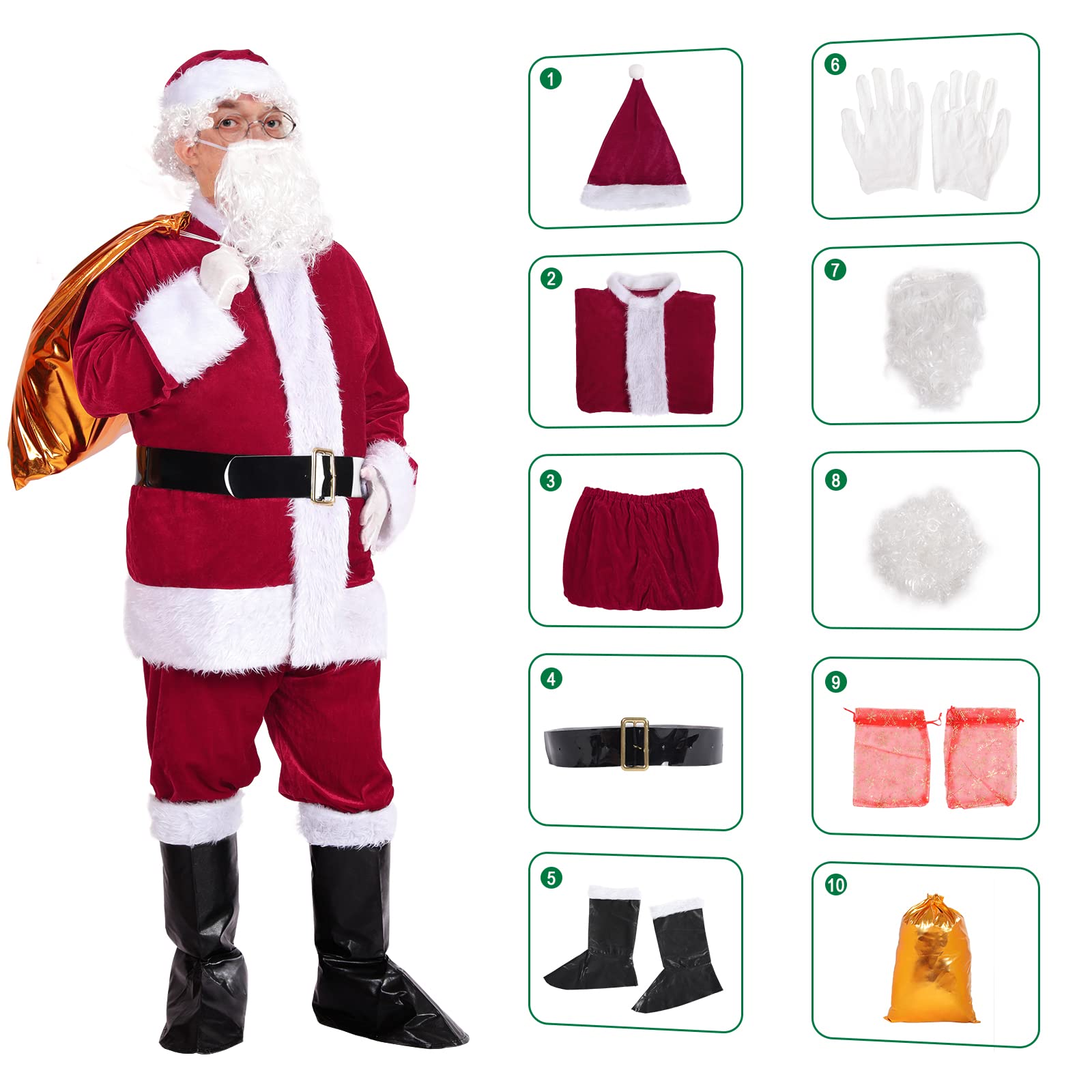 ZAKUN Christmas Men's Santa Suit Set10pcs, Adult Santa Claus Costume for Men Women