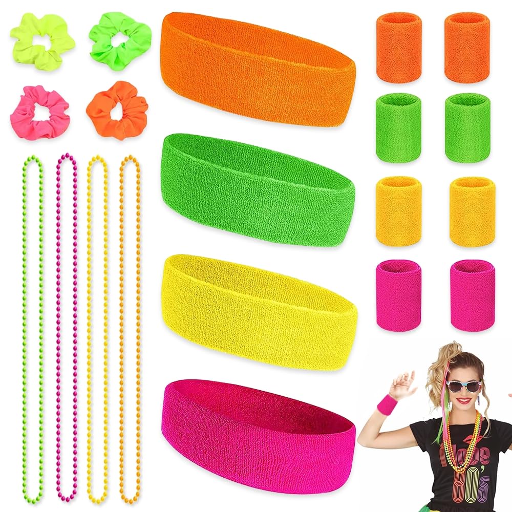 Udbrud 20 Pcs Sweatbands Headband Wristband Set, 80s Neon Sweat Bands Absorbent for Gym Tennis Yoga Running Colorful Headband Wristband for Women