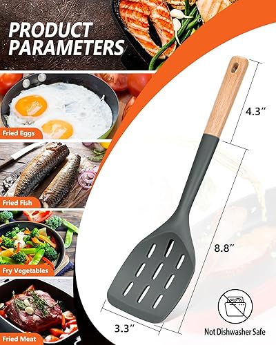 Miniatura 3 de Paquete de 2 espátulas de silicona, juego de utensilios de cocina antiadherentes, mango de madera, girador de cocina para hornear, mezclar, asar a