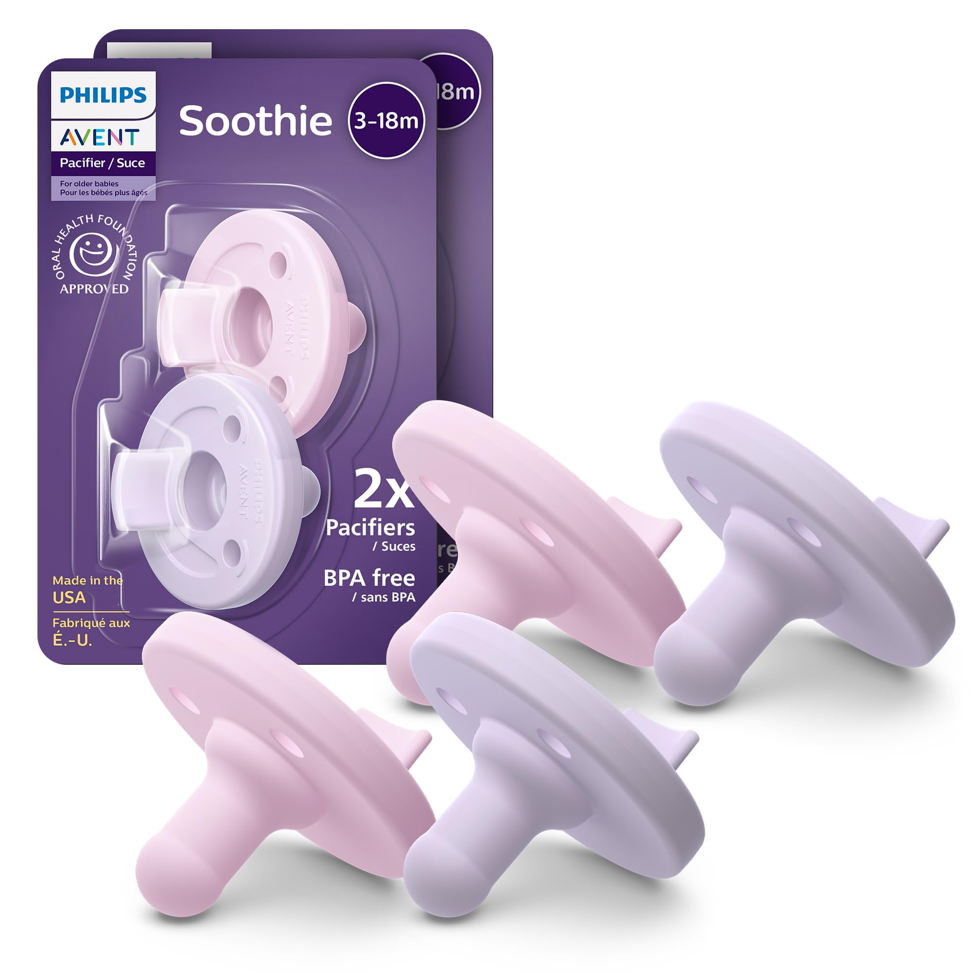 Soothie Baby Pacifiers - 100% Silicone Pacifiers for Babies 3-18 Months, One-Piece Design, BPA-Free, Extra Durable, Lilac and Pink, 4 Pack, Model SCF192/70