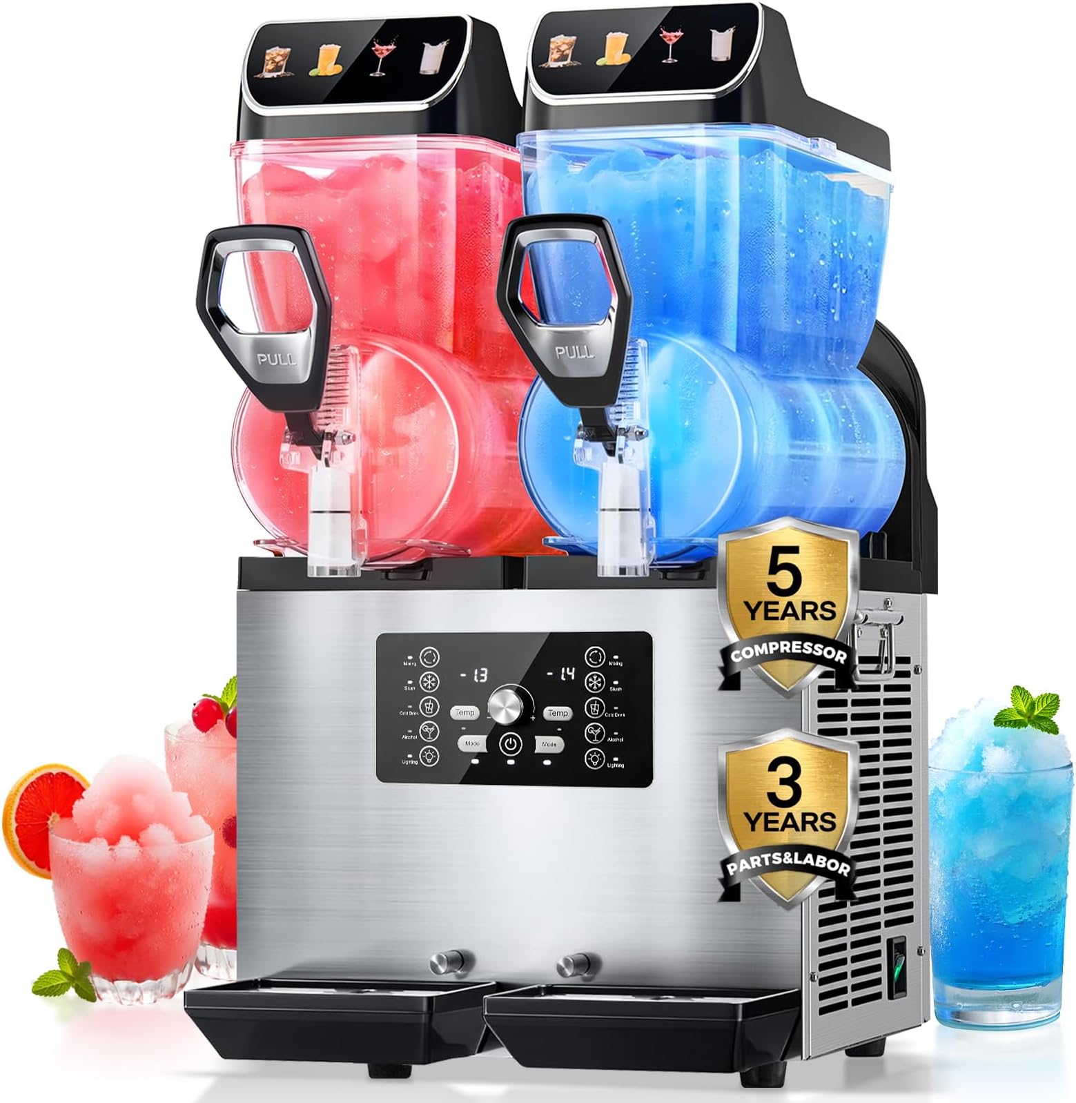 Commercial Slushy Machine, 8Gal/30L Stainless Steel Margarita Smoothie Frozen Drink Machine, Independent Tank Control Slushie Machine, LED Light & Auto Clean,1100W Fast Cool for Restaurants Cafe Bars