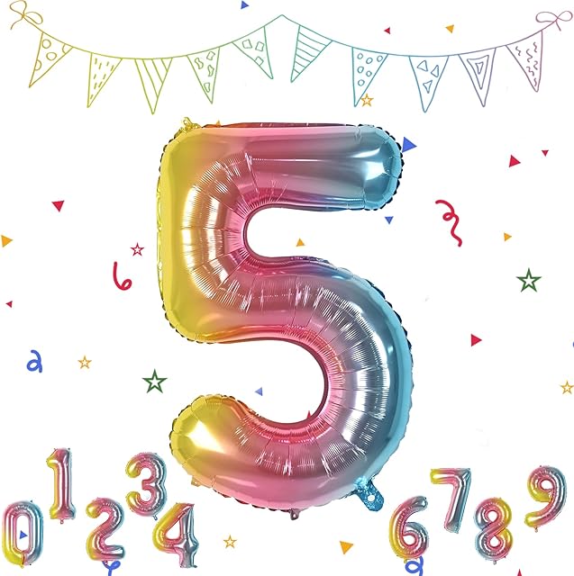 Gradient 5 Balloons, Rainbow Number 5 Balloon, 5 Birthday Balloons Helium Mylar Digital Balloons 40 Inch Foil Balloon Number 0-9 for Boys Girls Birthday Party Anniversary Party Decorations