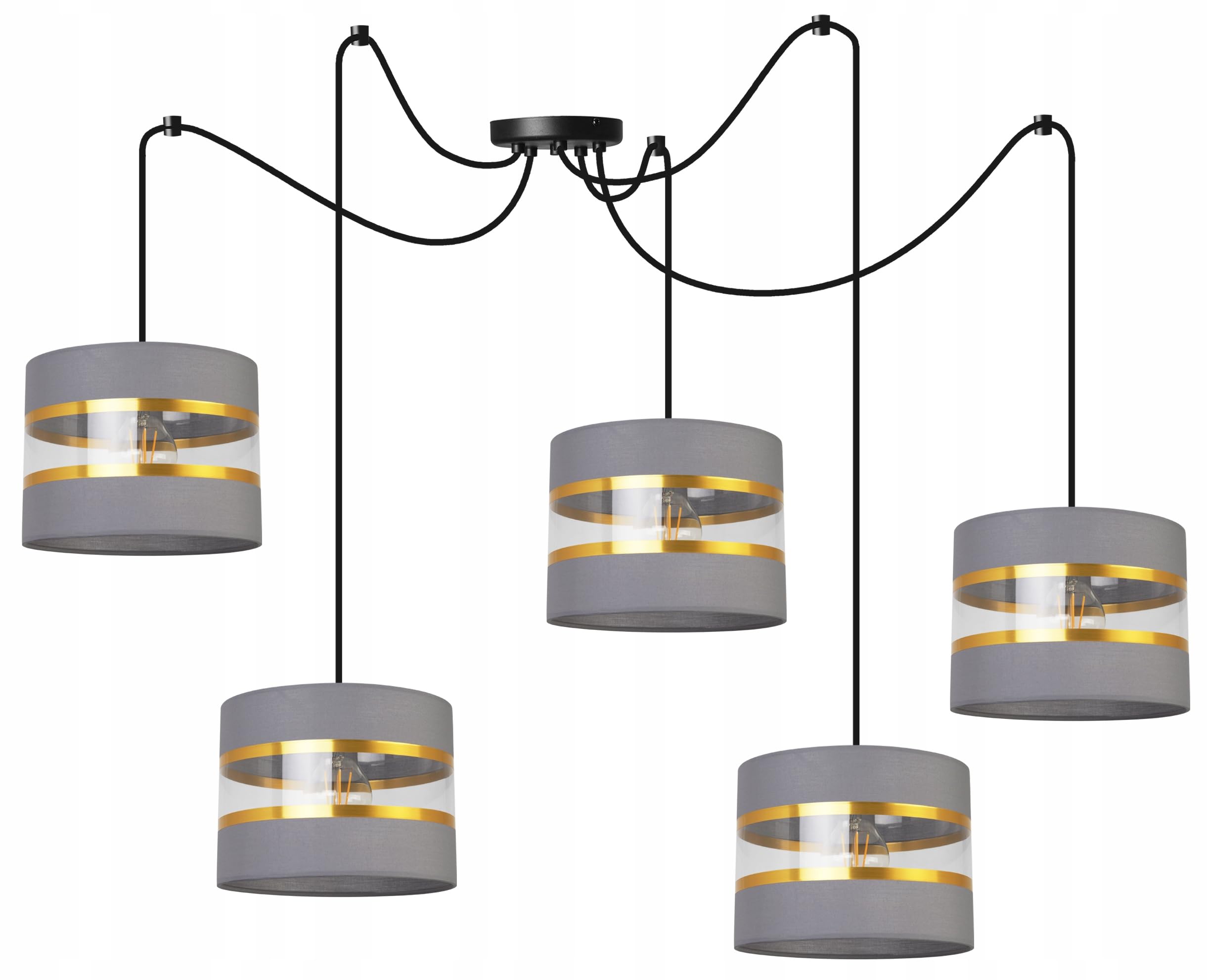 Light-Home Spider Elegance Deckenleuchte Pendelleuchte - Moderner Deckenleuchter für Schlafzimmer Wohnzimmer und Küche im Glamour - E27 mit 5 Lichtpunkten - Lampenschirm Stoff 20cm - Schwarz und Grau