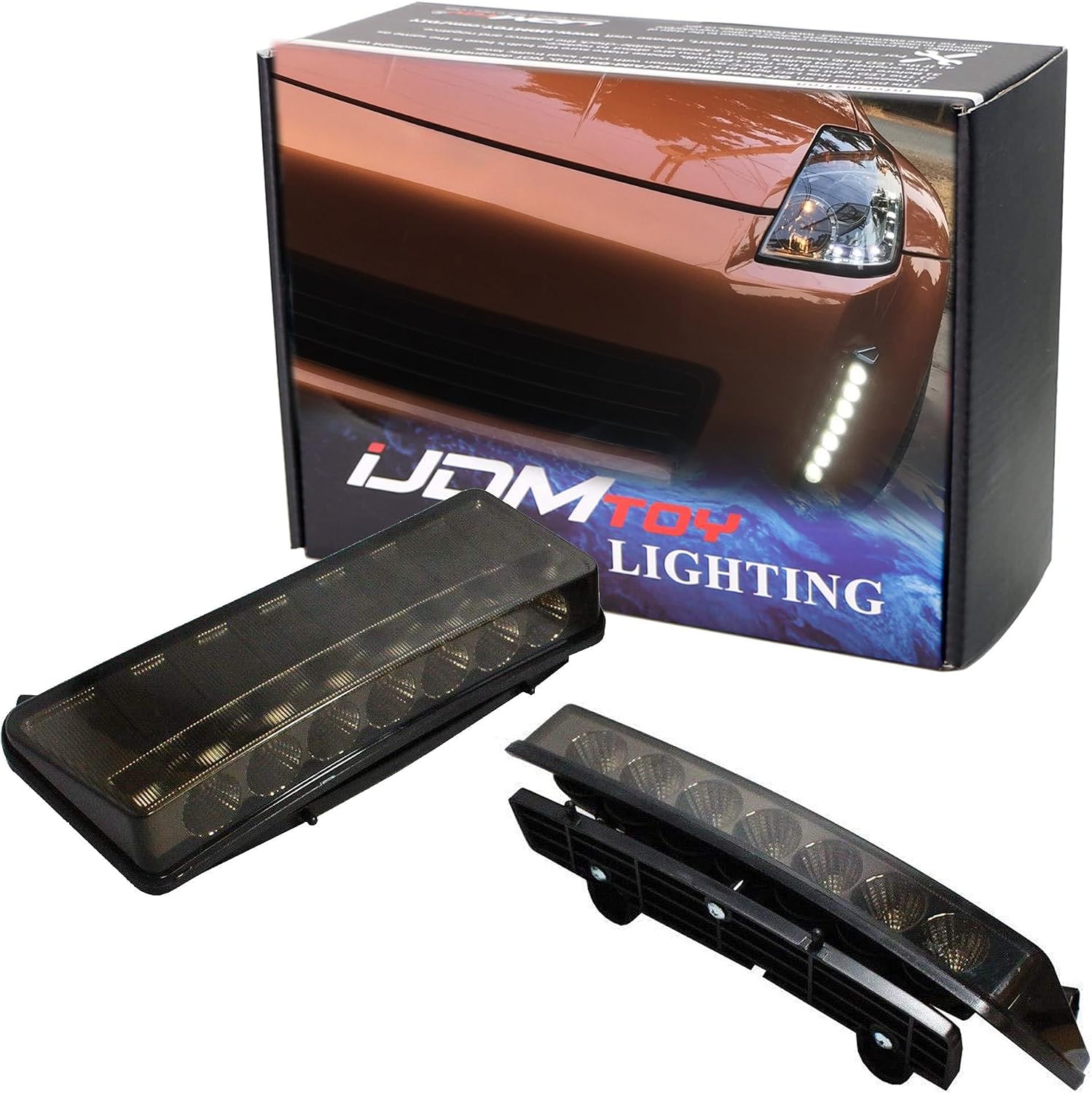 iJDMTOY Smoked Lens LED Daytime Running Lights Compatible with 2003-2005 Pre-LCI Nissan 350z, Direct Fit DRL Assy Powered by 7 Pieces High Power Xenon White LED Each Side