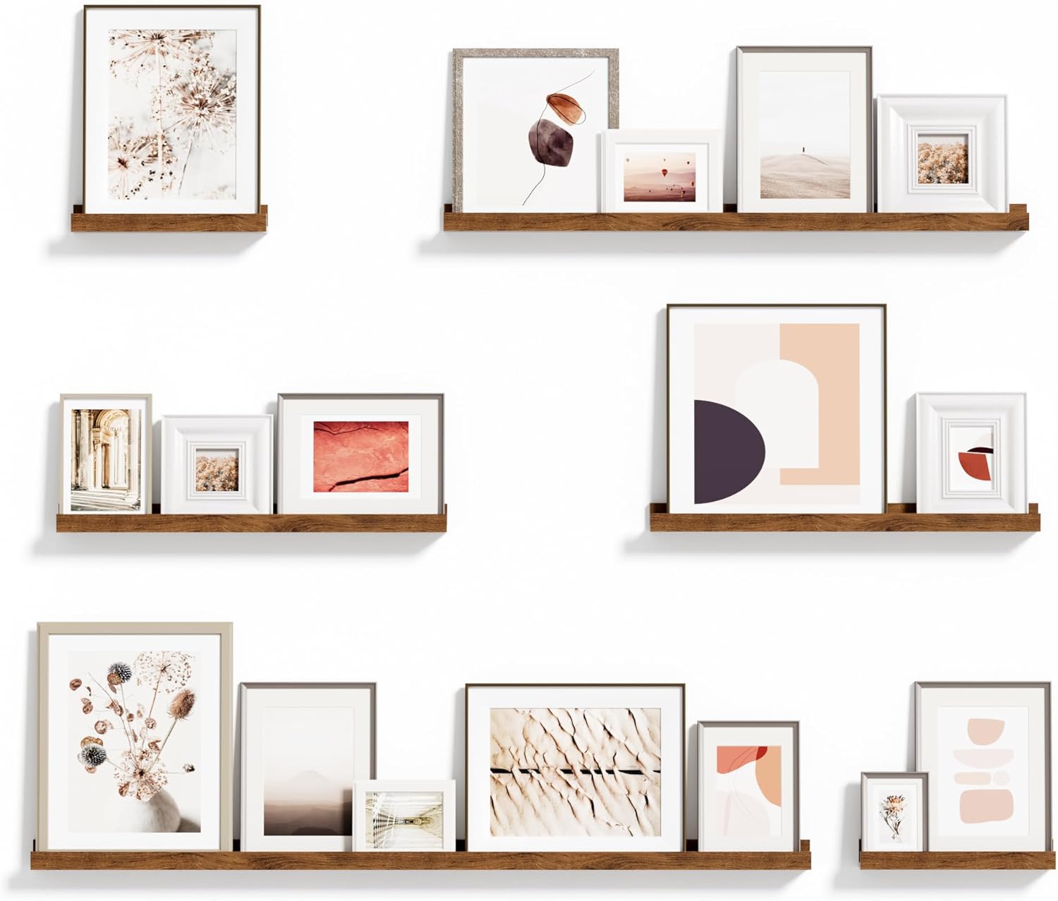 Vinyl Record Shelf Wall Mount, 6PC Album Record Holder Display, Wood Floating Shelves, Wood Ledges for Wall, 0ffice Wall Shelves, Album Shelves, Magazine Rack Walnut - 1x48In, 1x36In, 2x24In & 2x12In