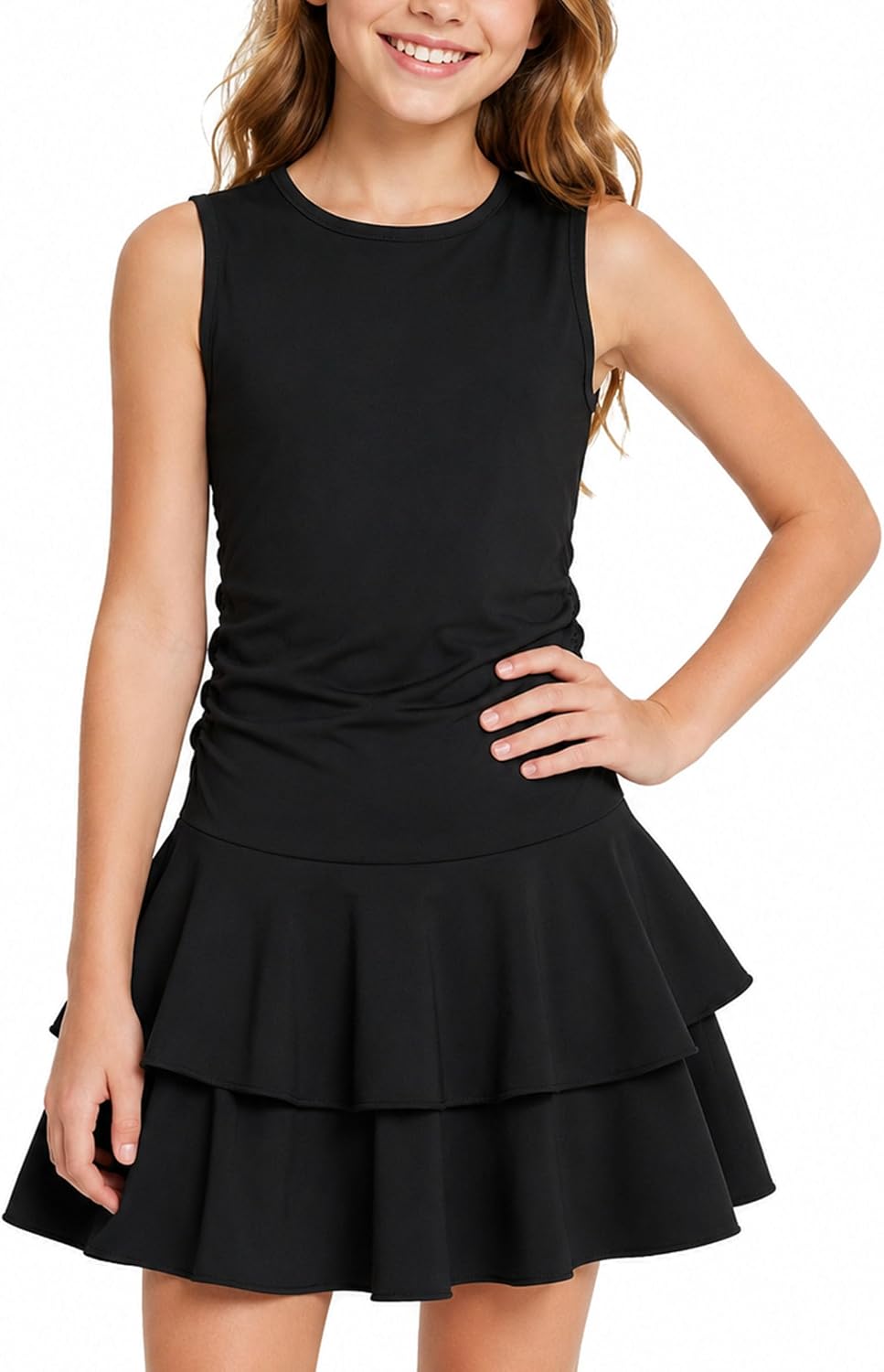 Tween Girls Sleeveless Ruched Tiered Ruffle Summer Dress for 7-12 Years Old | Stretchy Soft Knit Fabric Slim Fit Layered Cake Skirt Casual Athletic Outfit Available in Pink Black Lavender
