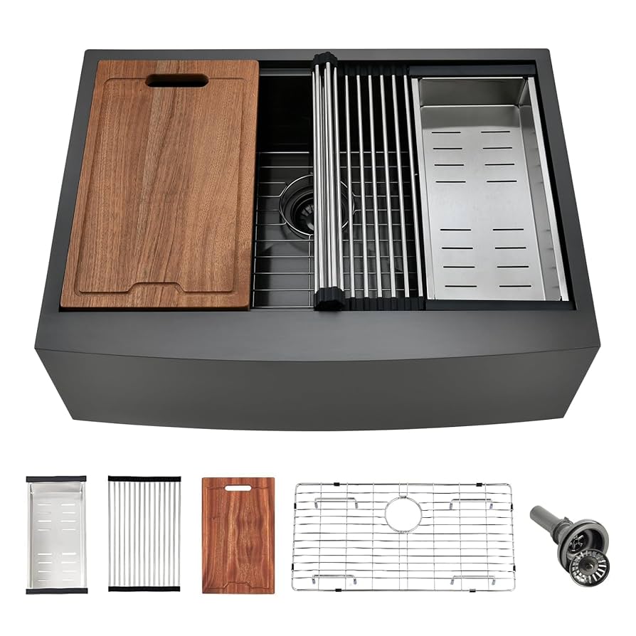 Blackish House ←sideZ Black Kitchen Sink Drop-in 25 x 18 inch, SINKVINE PVD Nano
