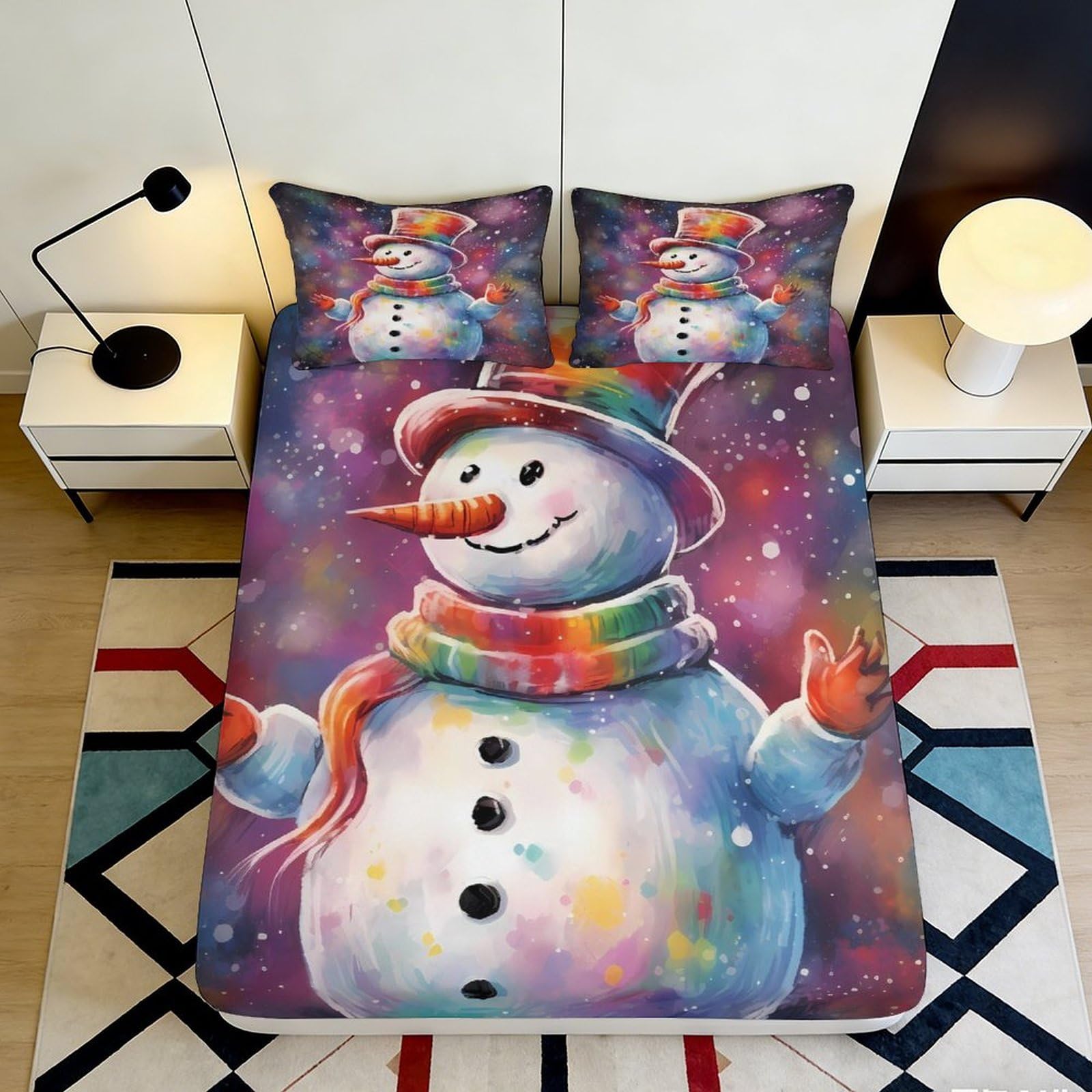 3D Printed Snowman Winter Fitted Sheet Microfiber Colourful Christmas Bed Sheet for Bedroom Guest Room Decor 90x200x25cm