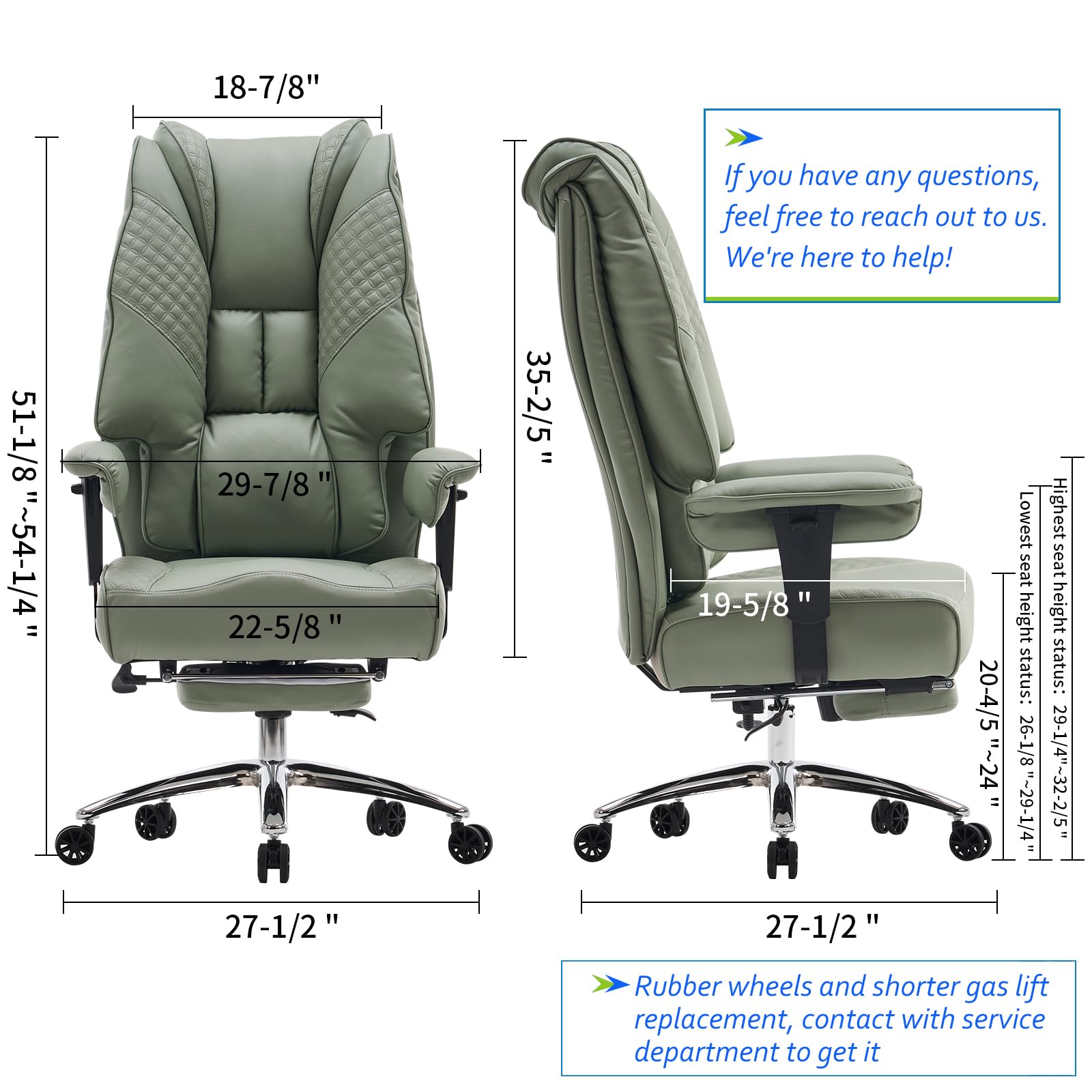 EXCEBET Big and Tall Office Chair 400lbs Wide Seat, Leather High Back Executive Office Chair with Foot Rest, Ergonomic Chairs Lumbar Support for Lower Back Pain Relief (): Light Green