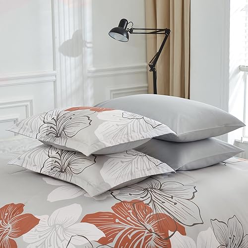 Miniatura 6 de Juego de edredón floral tamaño King, estampado floral terracota en gris claro, microfibra suave de 7 piezas cama en una bolsa (1 edredón, 2 fundas