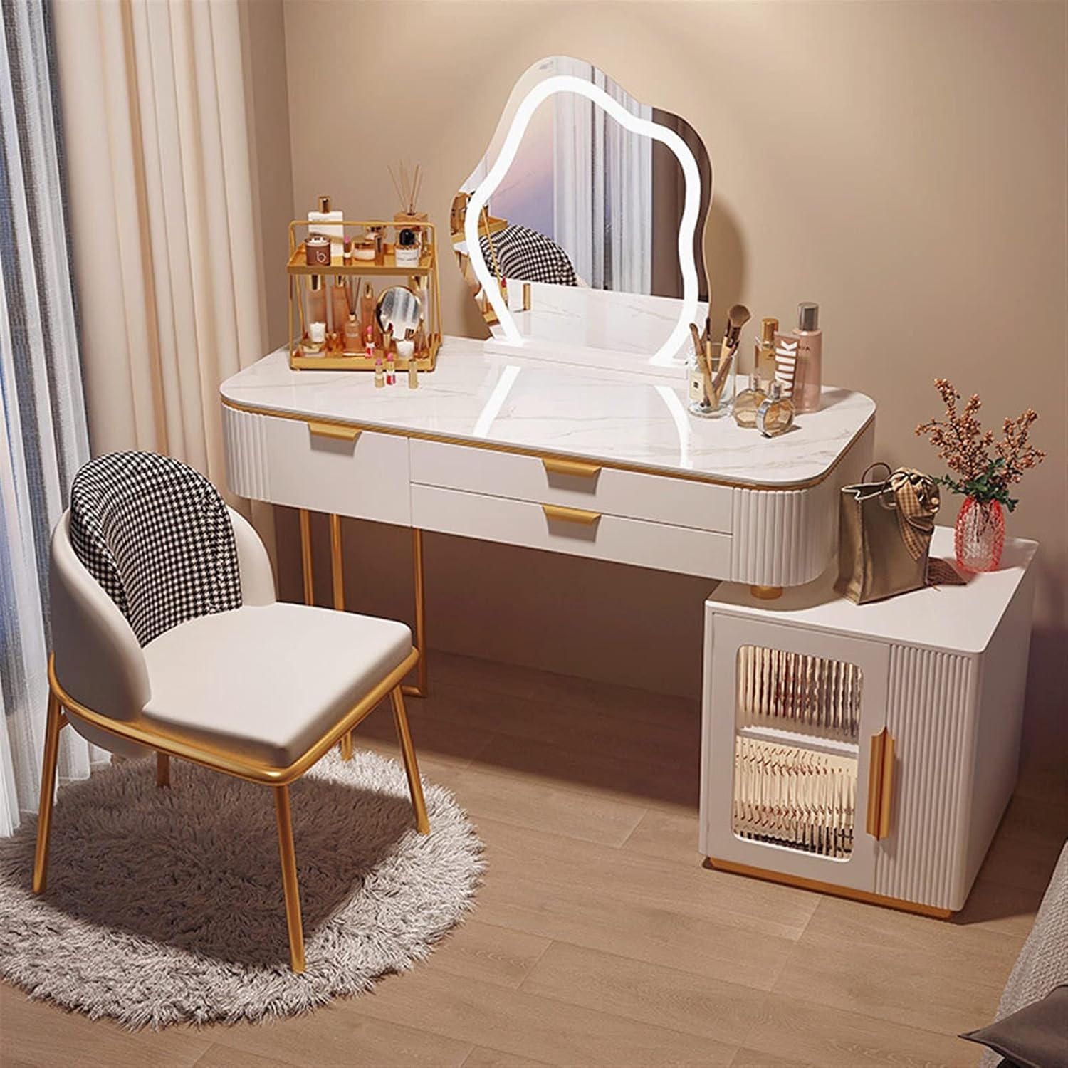 Vanity Dressing Table Set Luxury Makeup Bench with 3 Colors Led Hd Mirror,Comfortable Stool Drawers Cabinet,Modern Simple Style,for Girl's Gift (Size : 120cm) ()