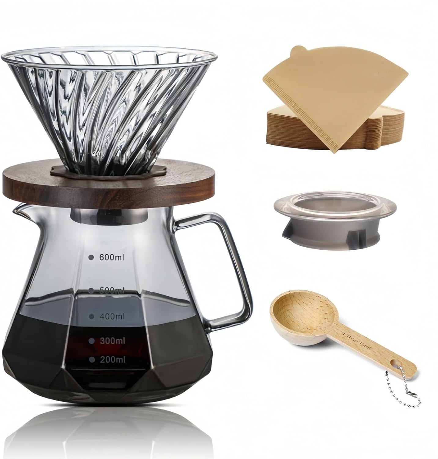 Pour Over Coffee Maker Set 20 oz, 600 ml Borosilicate Glass Coffee Server with Glass Lid, 50 pcs Paper Filter, Walnut Handle Pour Over Coffee Dripper for Home Café Restaurant,Gray