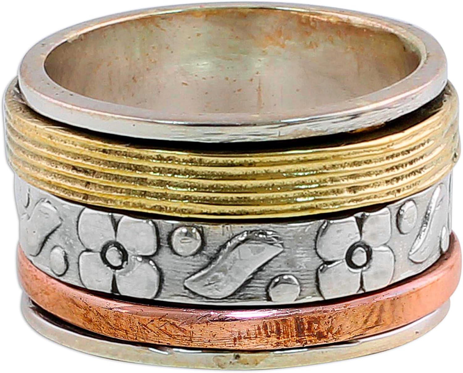 NOVICA Artisan Handmade .925 Sterling Silver Meditation Spinner Ring Copper Brass Indian Floral 'Floral Sheen'