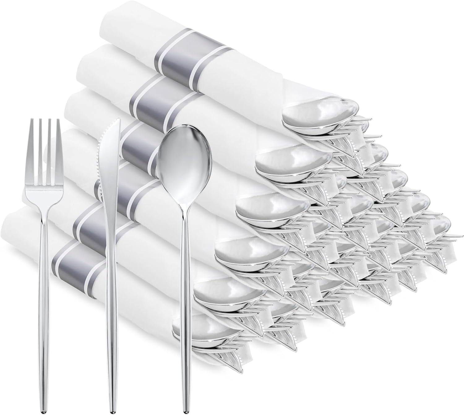 SUT 50 Pack Pre Rolled Silverware Set Disposable, 200 Pcs Silver Plastic Utensils Include 50 Forks, 50 Knives, 50 Spoons and 50 Napkins, Plastic Cutlery, Wrapped Silverware Set Disposable for Party