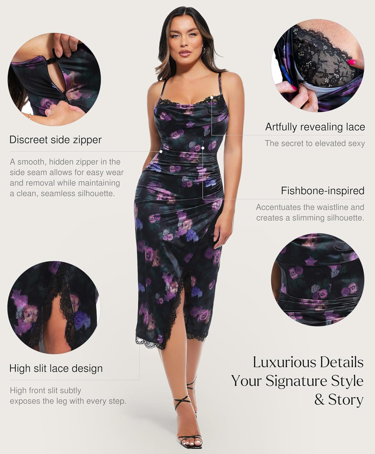 Popilush Shapewear Corset Dress Women's Satin Ruched Midi Dress Cocktail Date Night Classy Dresses with Lace Trim Bra - Image 3