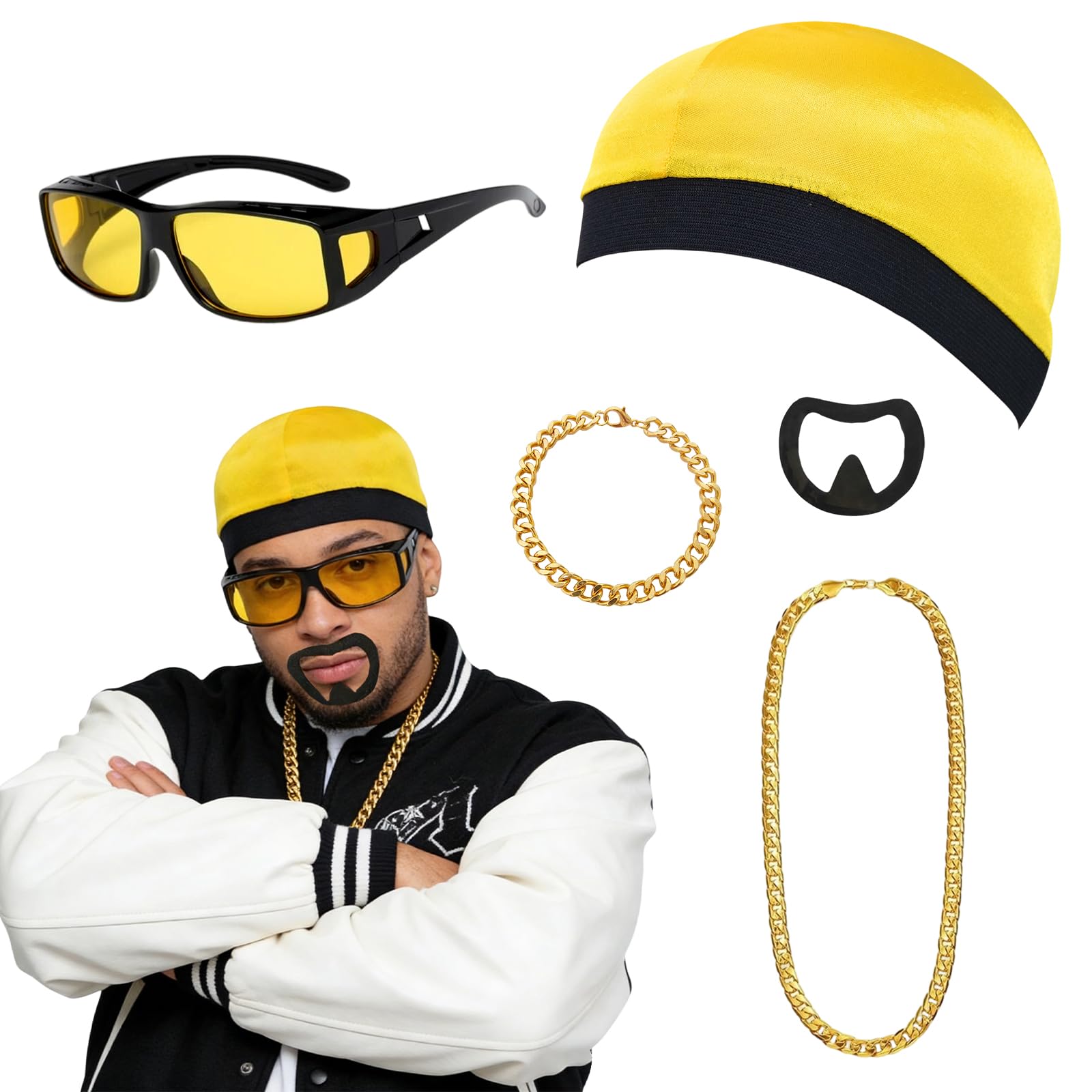 Xerteam 90s Rapper Fancy Dress Accessories Set for Men,5 Pcs Ali Rapper G Costume- Hat, Glasses, Gold Chain, Bracelet & Beard, Funny Hip Hop Halloween Stag Do Costume