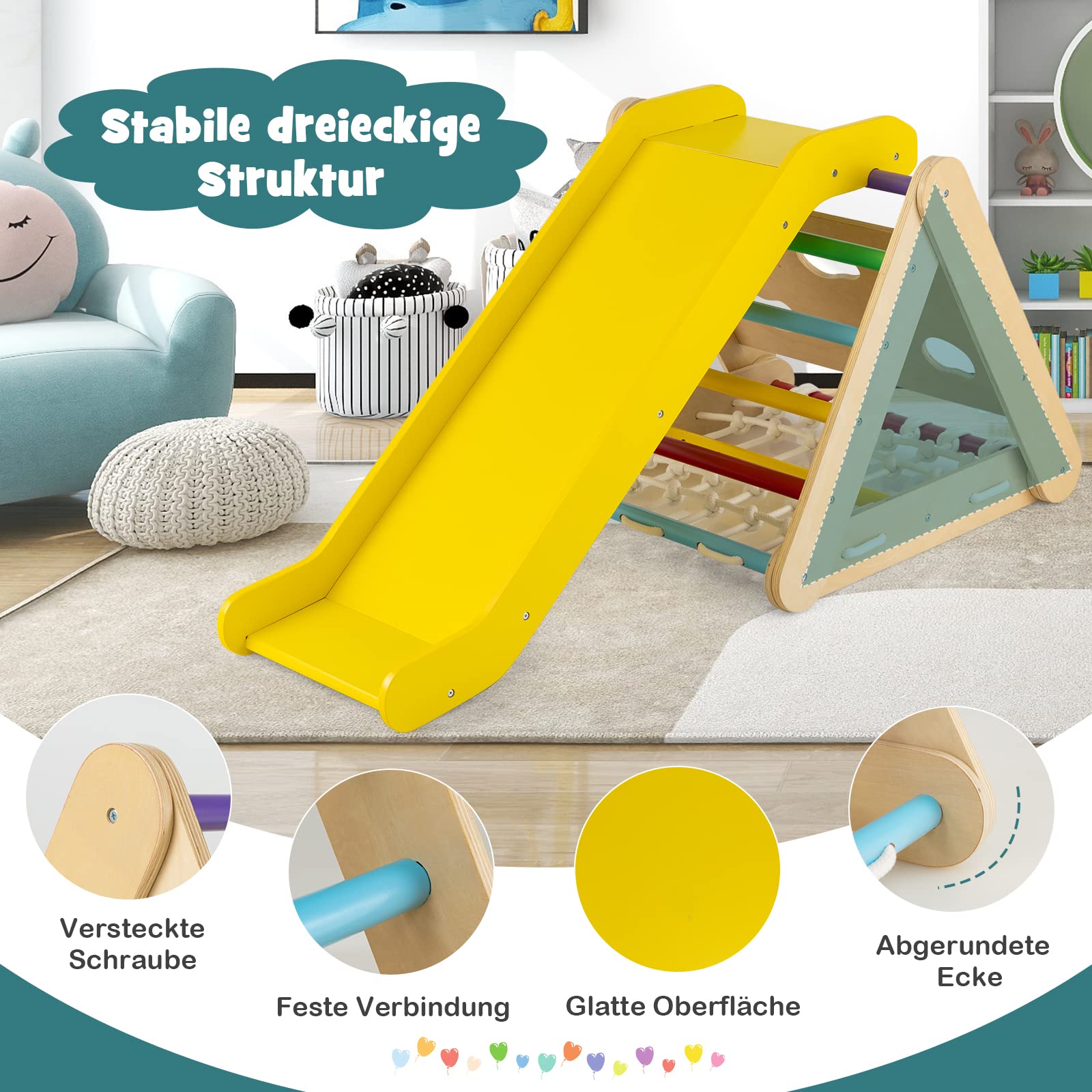 DREAMADE 4 IN 1 Kletterdreieck mit Rutsche und Kletternetz, Holzdreieck Kletterspielzeug aus Holz, Indoor Klettergerüst zum Rutschen und Klettern für Kinder ab 1 Jahr (Bunt)