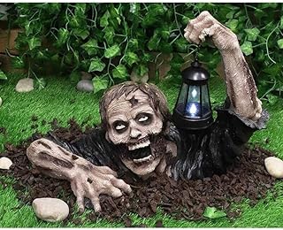 Zombie Garden Statues Resin, Zombie with Led Lantern, Zombie Decoration for Halloween Graveyard Decor, Graden Gnomes Statue for Outdoor Garden Patio Yard Lawn (Black)