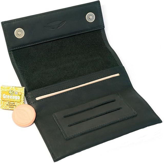 COMARI Leather Tobacco Pouch | Double-Paper & Filter Compartment | Magnetic Fastener | free Greengo Tobacco Humidifier (Black)