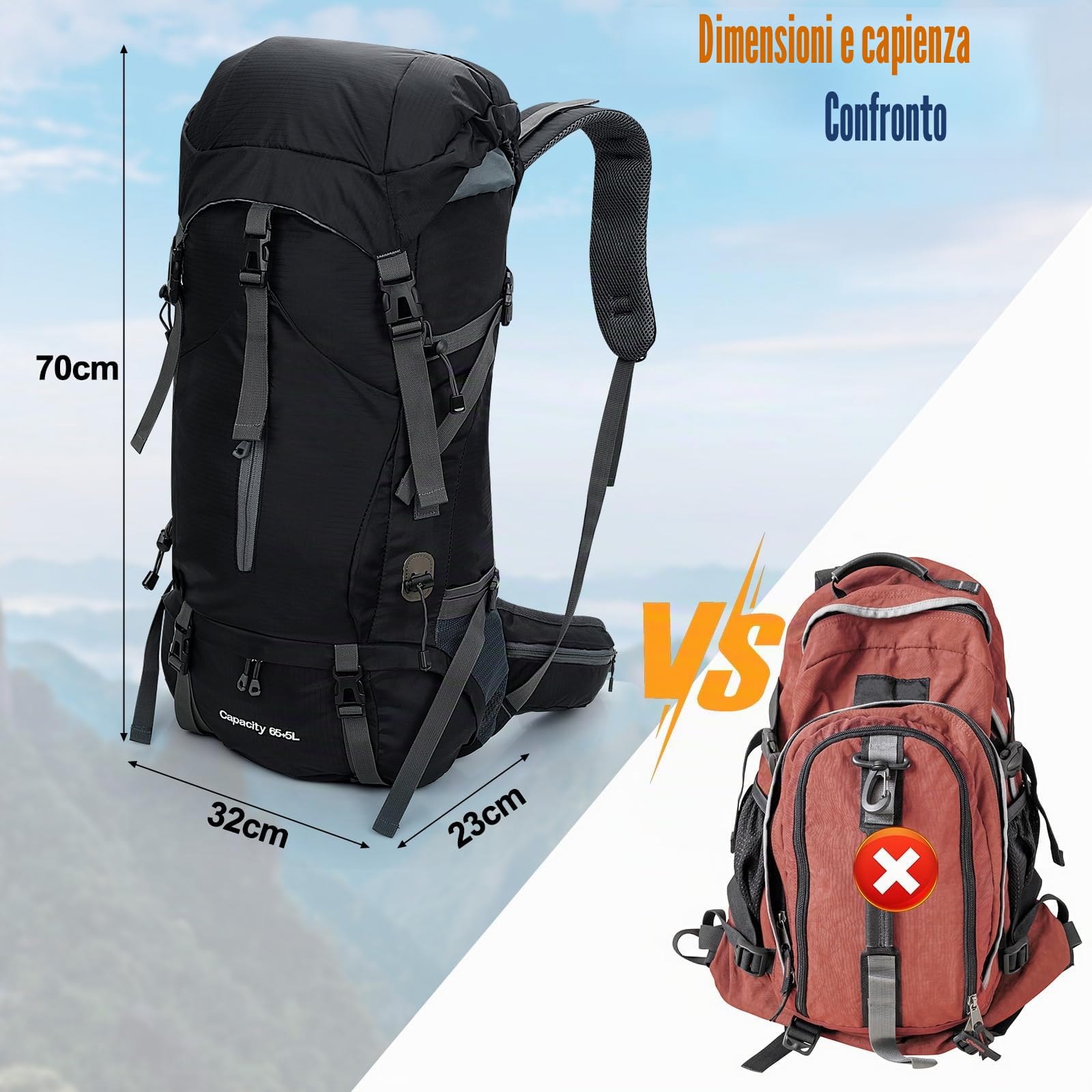 Cozary Zaino Trekking 70L Anti-Strappo Impermeabile con Copripioggia, Sistema Traspirante per Escursionismo Campeggio Montagna