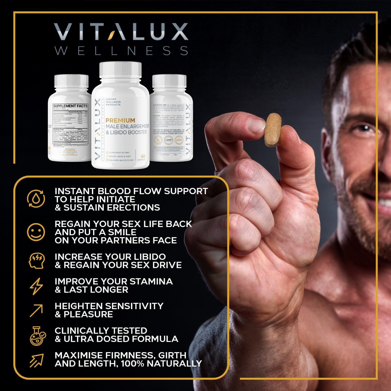VITALUX || #1 Dosed Premium Erection Support & Libido Booster || Fast-Acting Blood Flow, Size & Firmness for Men's Enhancement | L-Arginine + 18 Ingredients | 3rd Party Tested + USA Made - 60 Pills