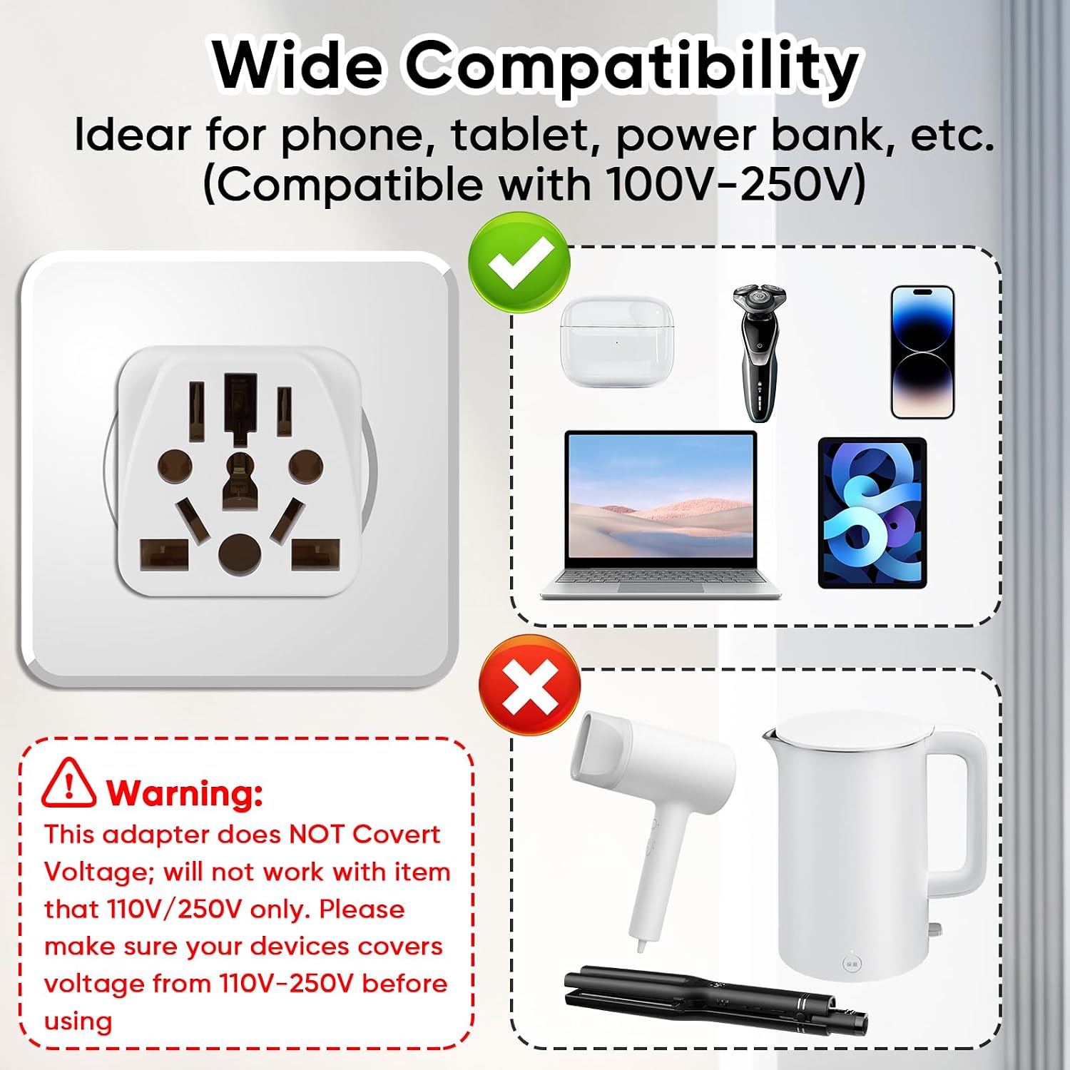 3 Pack US Travel Plug Adapter- EU, UK, AU, CN, JP, Italy, Brazil to American Plug Adapter, Universal Plug Adapter for USA- Type B, White