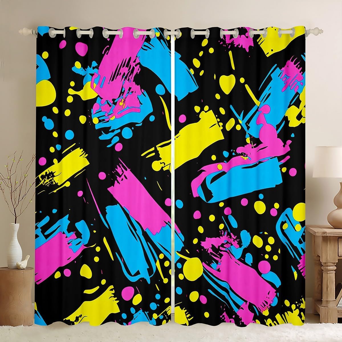 Retro 80S Style Curtains 76"X45",Abstract Geometric Pattern Blackout Curtains Urban Modern Design With Circles and Rectangle Curtains & Drapes Colorful Pop Art Draperies 80s print window curtains