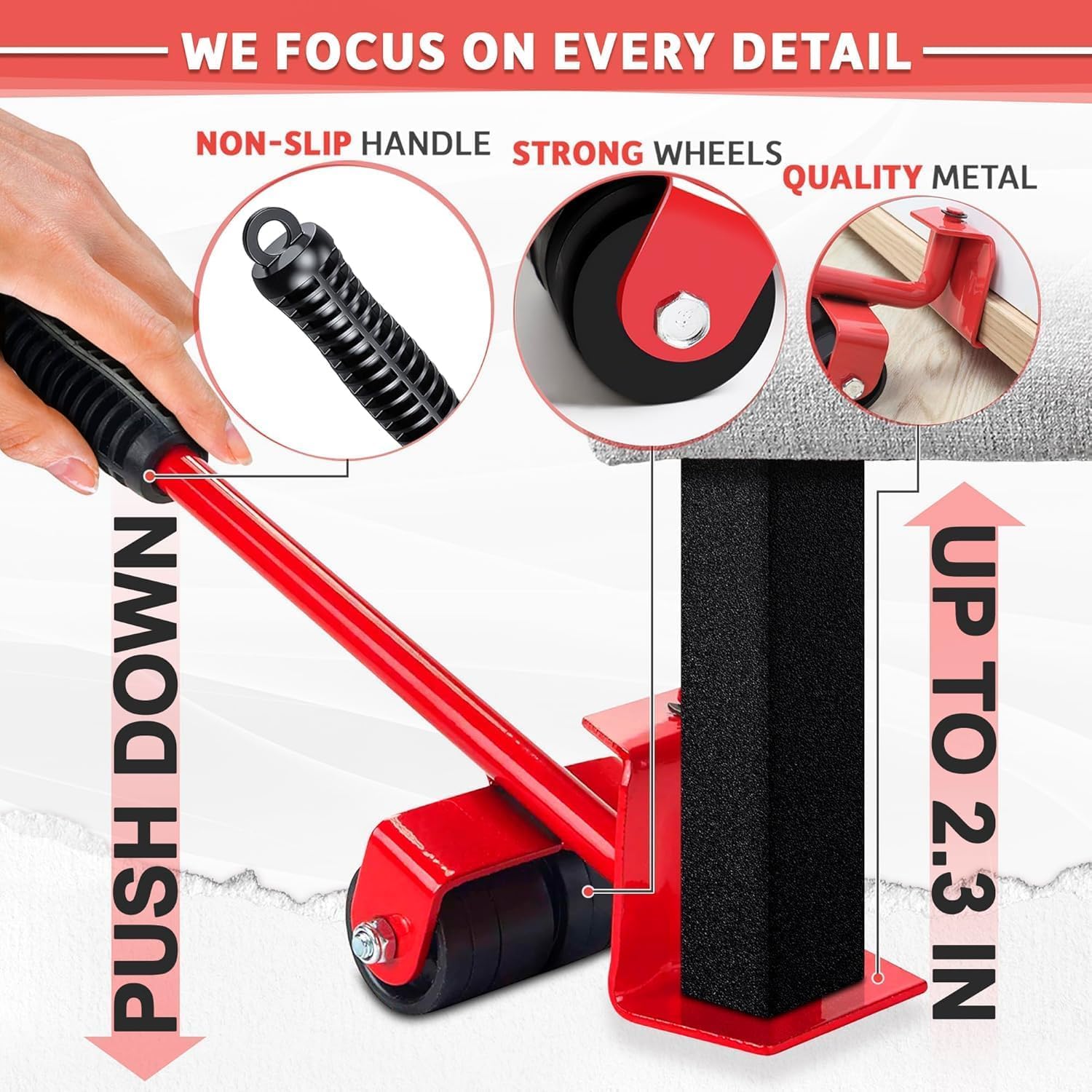 Red Furniture Lifter and Mover Tool Set with Wheels, Heavy Duty Furniture Moving Rollers, Appliance & Fridge Shifter Tool, Easy Home Furniture Shifting Kit for Heavy Loads (Red, Medium) 3