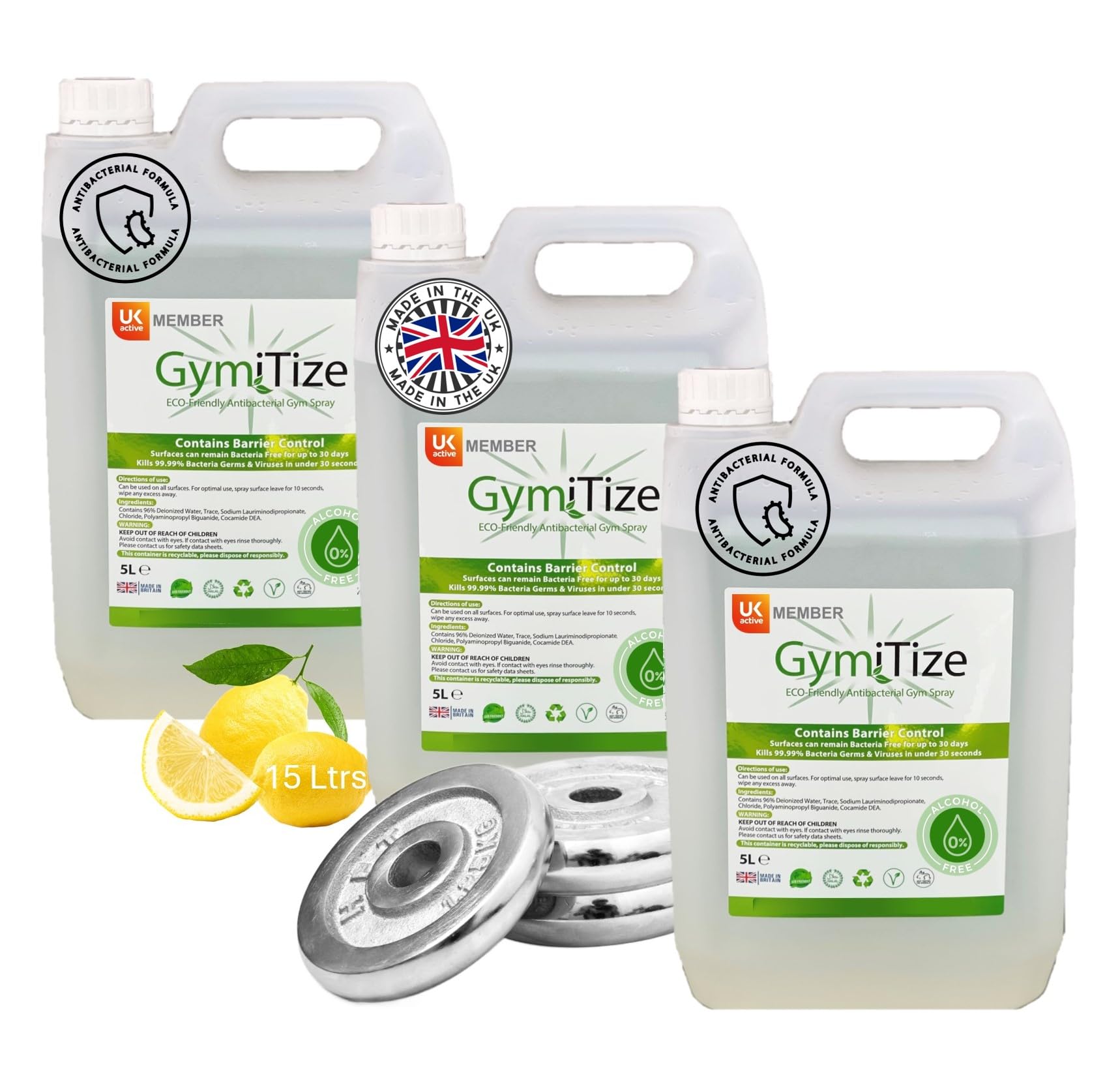 Gym Equipment, Gym Cleaner. 15 Litres, Multi Surface Cleaner, 100% Biodegradable, Vegan Product, With Antibacterial Barrier Control. 5 Litres (Pack of 3)