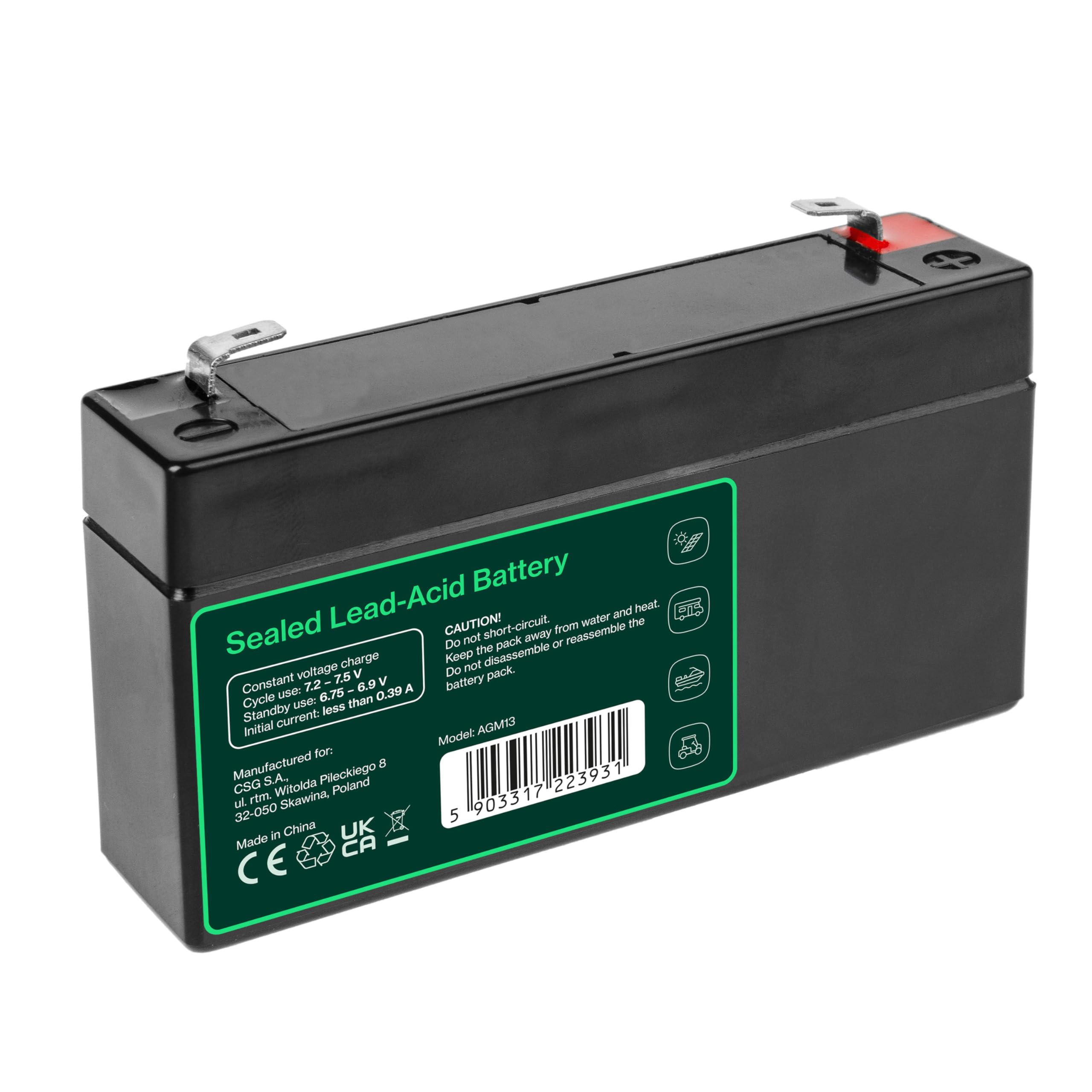 Batteria Green Cell® AGM 6V 1,3Ah, batteria al piombo-acido VRLA, batteria di ricambio al piombo-acido, batteria gel a scarica profonda, per roulotte senza conducente Fotovoltaico Sedia a rotelle